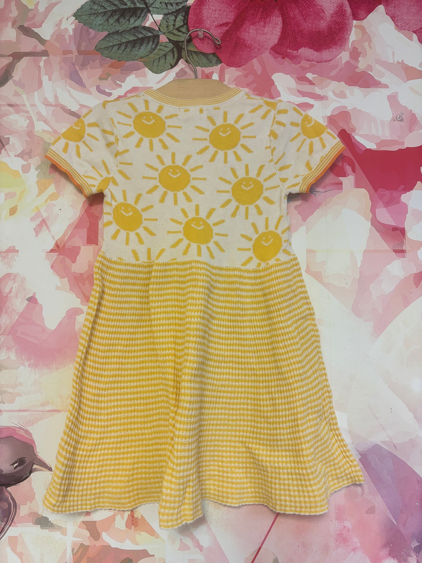 The Bonnie Mob cream & yellow knit short sleeve dress with stripes & smiling suns. Size 3T / 4T