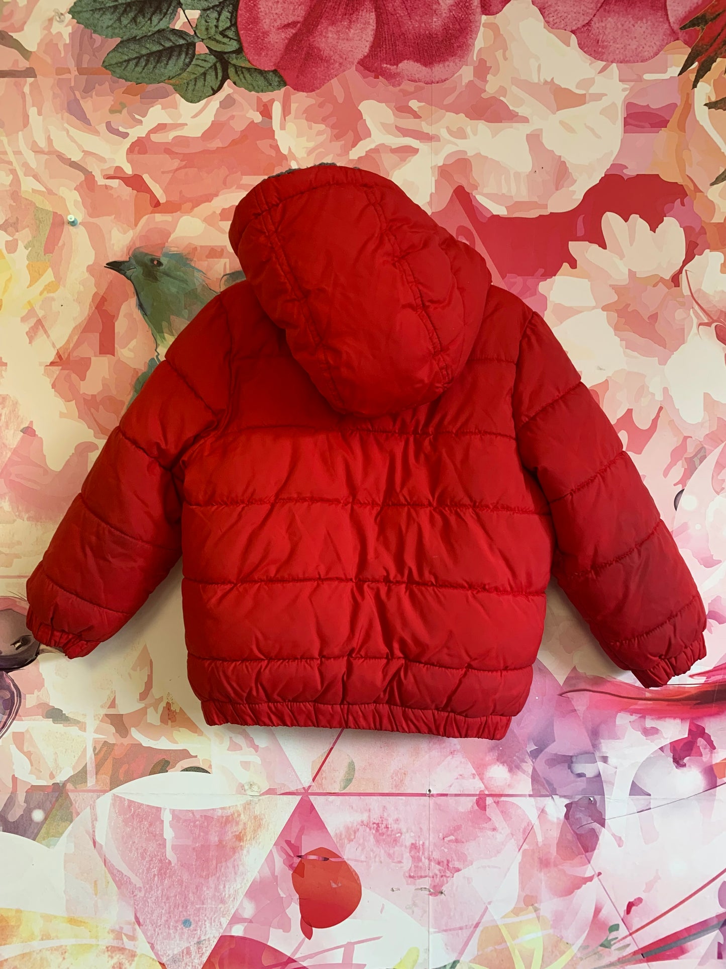United Colors of Benetton red puffy winter coat with hood & grey lining. Size 3T / 4T