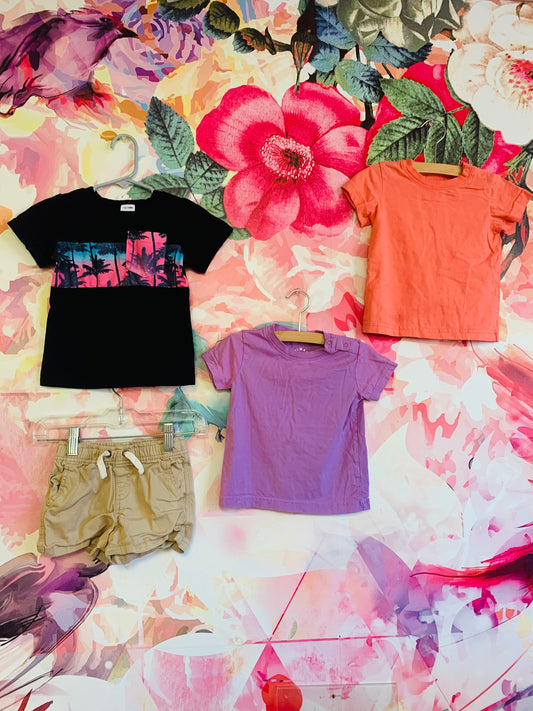 Bundle! Primary Purple & coral short sleeve shirts with shoulder snaps, black t-shirt with sunset palm trees, primary khaki elastic waist shorts. All size 12-18m.