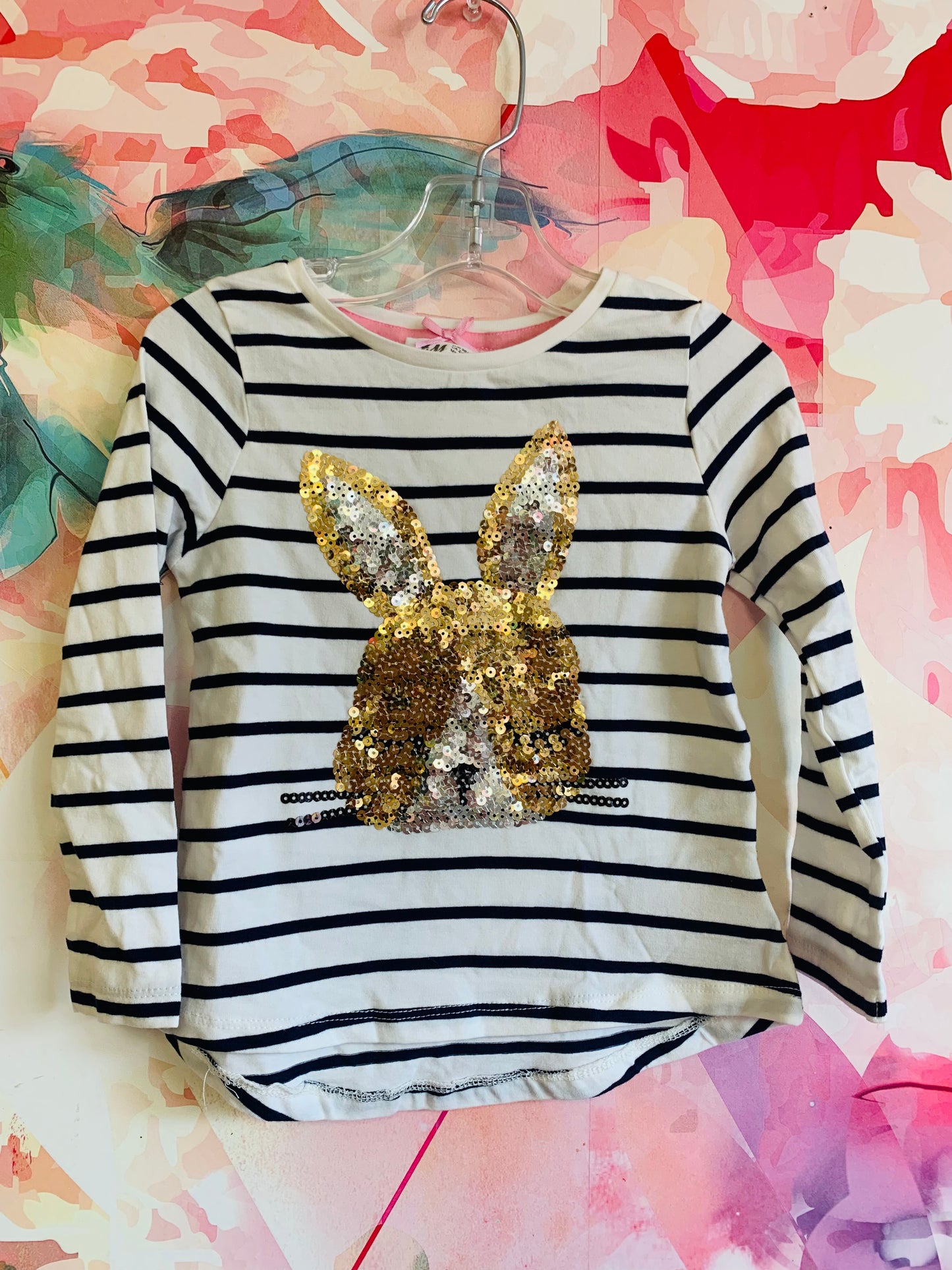 Black & White stripe long sleeve top with gold/silver sequin bunny face. Size 2T - 4T. *New with tags*