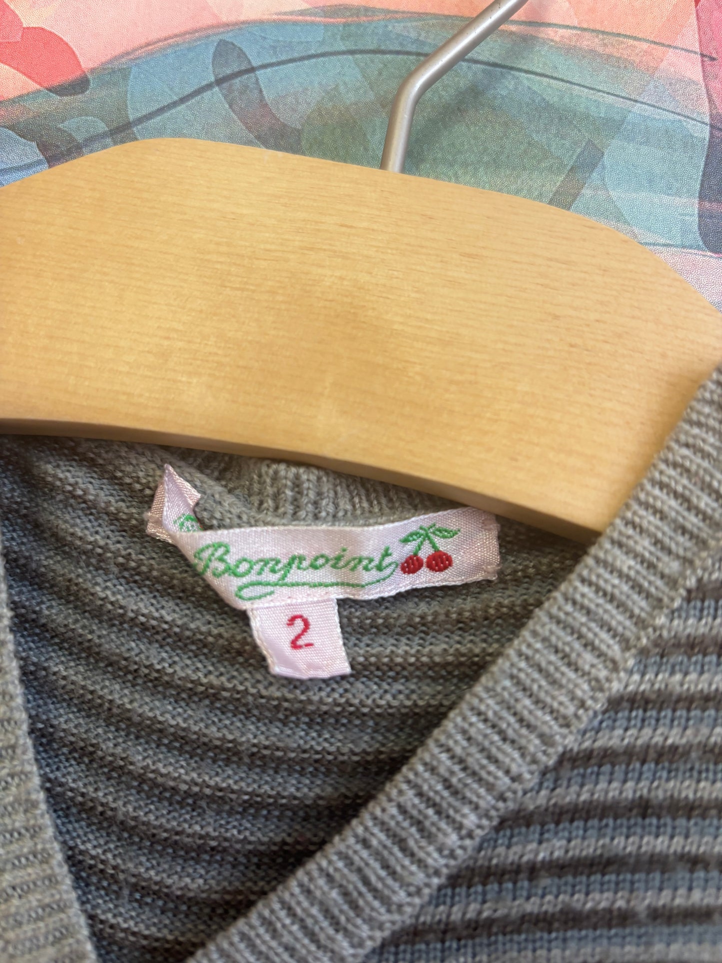 Bonpoint stripe grey & blue V-neck sweater with two shoulder buttons. Size 2T