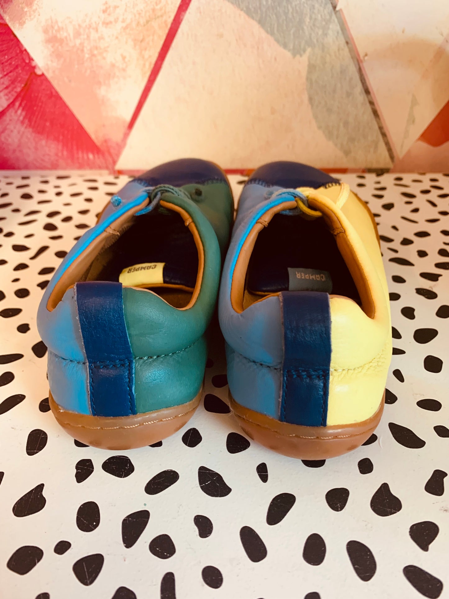Camper Leather Shoes. Dark Blue, Light Blue, Yellow, Green. Size 1B.