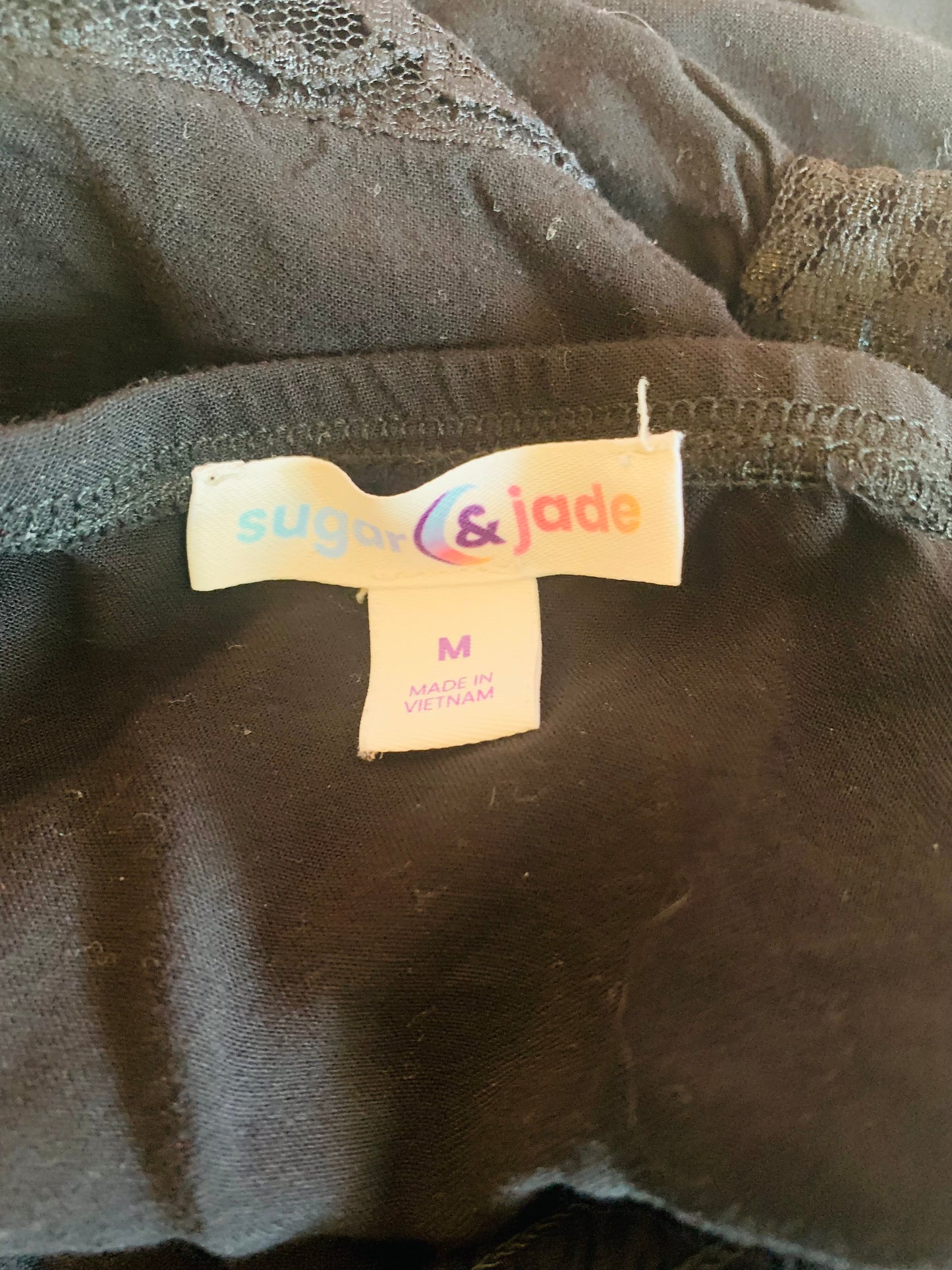 Sugar & Jade black spaghetti strap dress with lace hems. Size 7/8