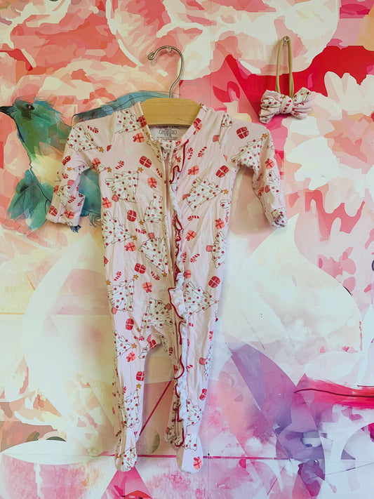 Caden Lane pink & red long sleeve romper with Xmas trees & presents. Red ruffle on back. Size 0-3m / NB