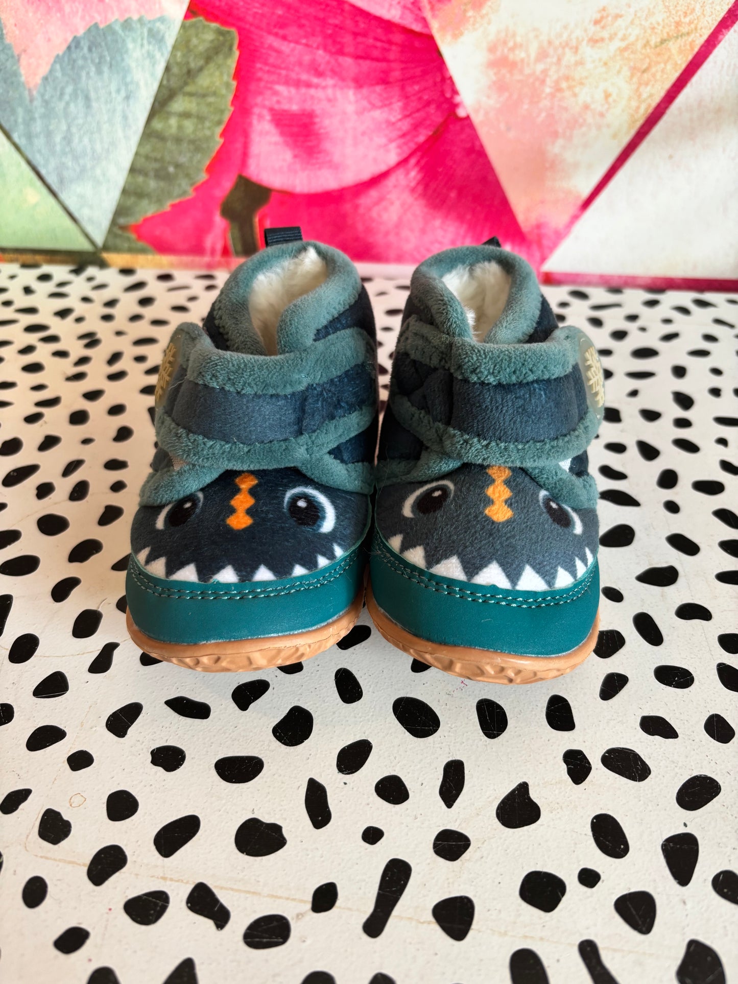 Blue monster face fleece boots with Velcro & faux fur lining. Never worn. Size 5 (shoes)