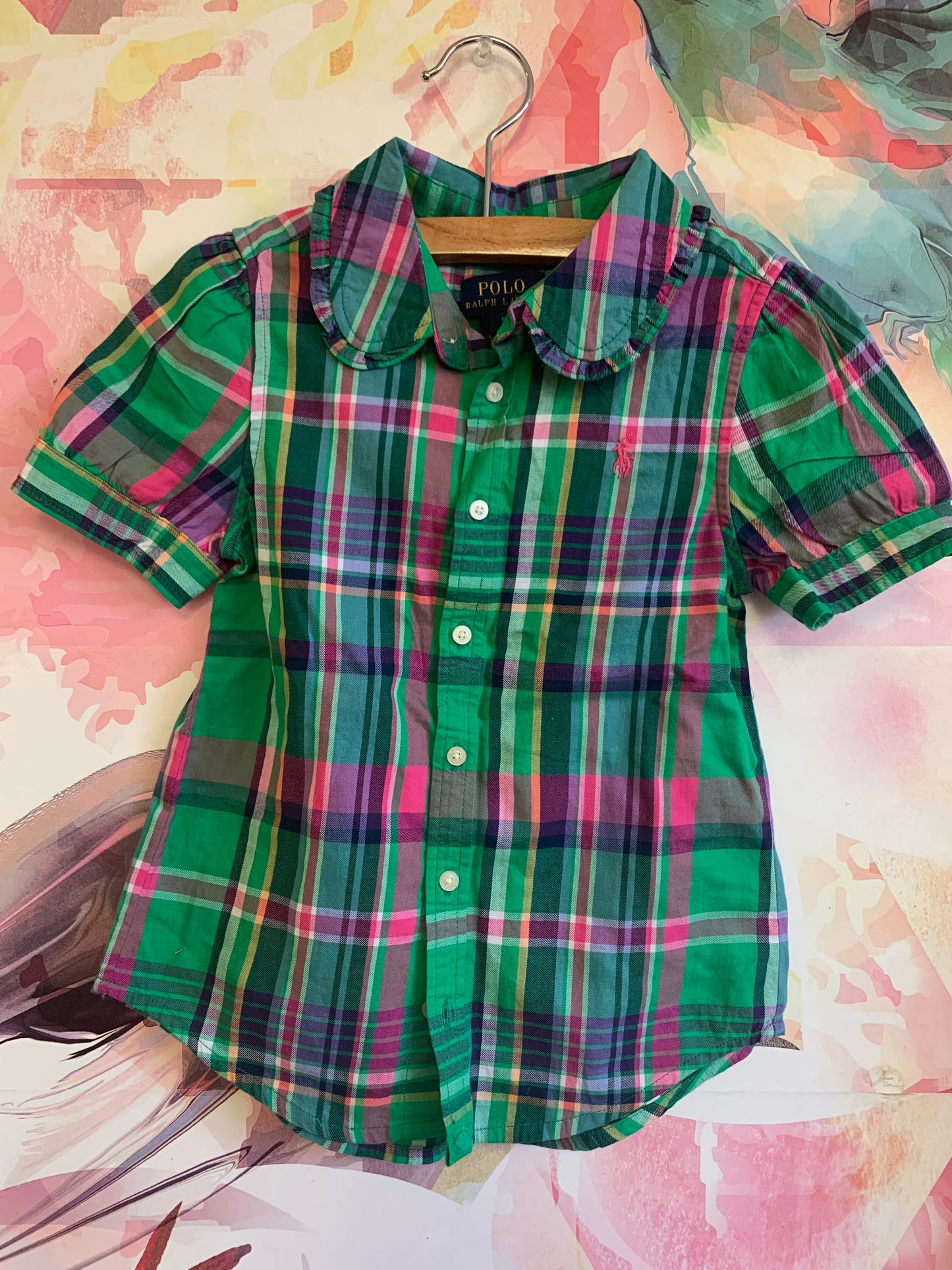 Polo Ralph Lauren green, pink, blue, purple plaid shirt sleeve button down. Size 5T.