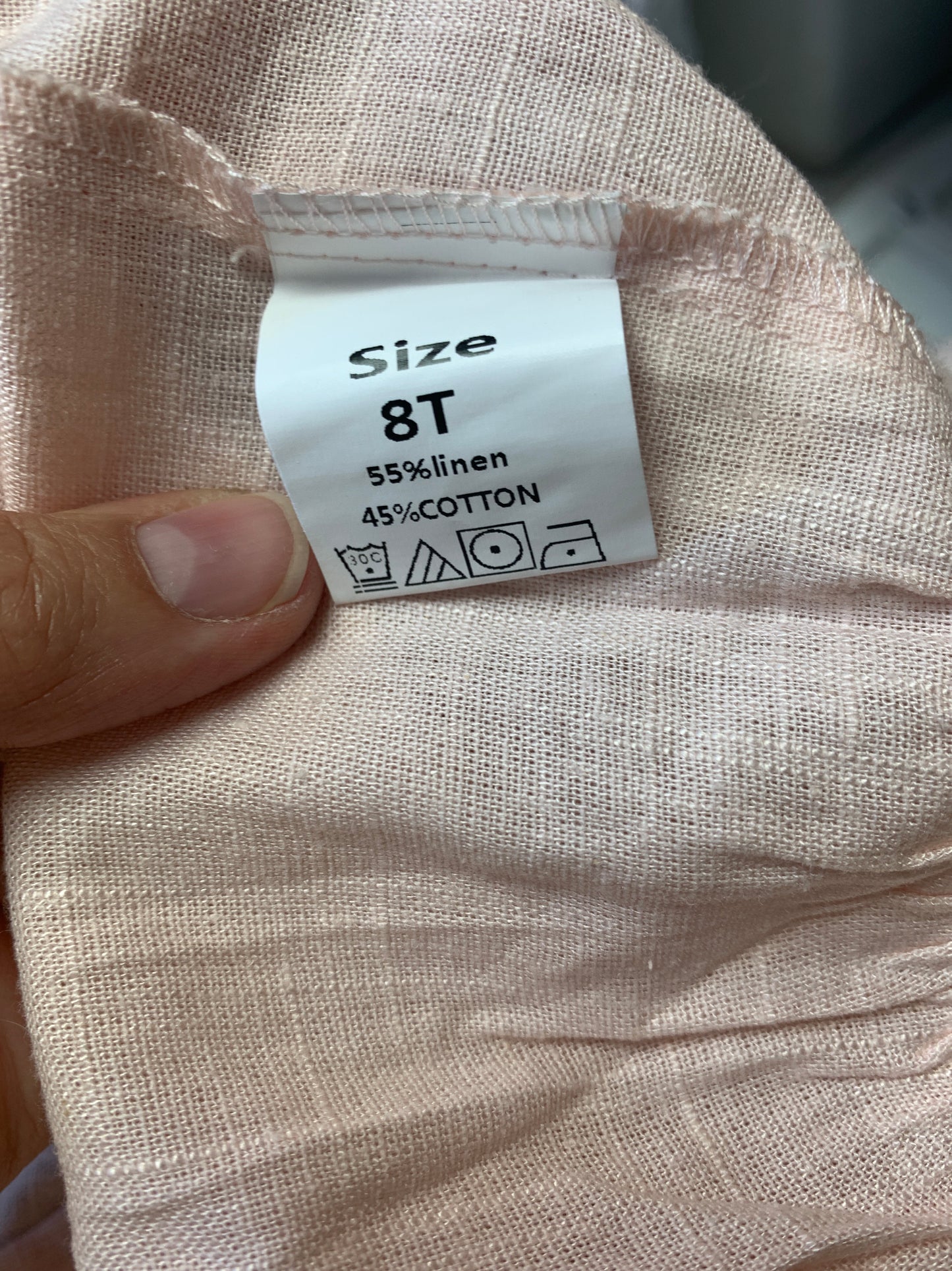 Pink linen & cotton dress with flutter shoulders and flowy midi length skirt. Size 8.