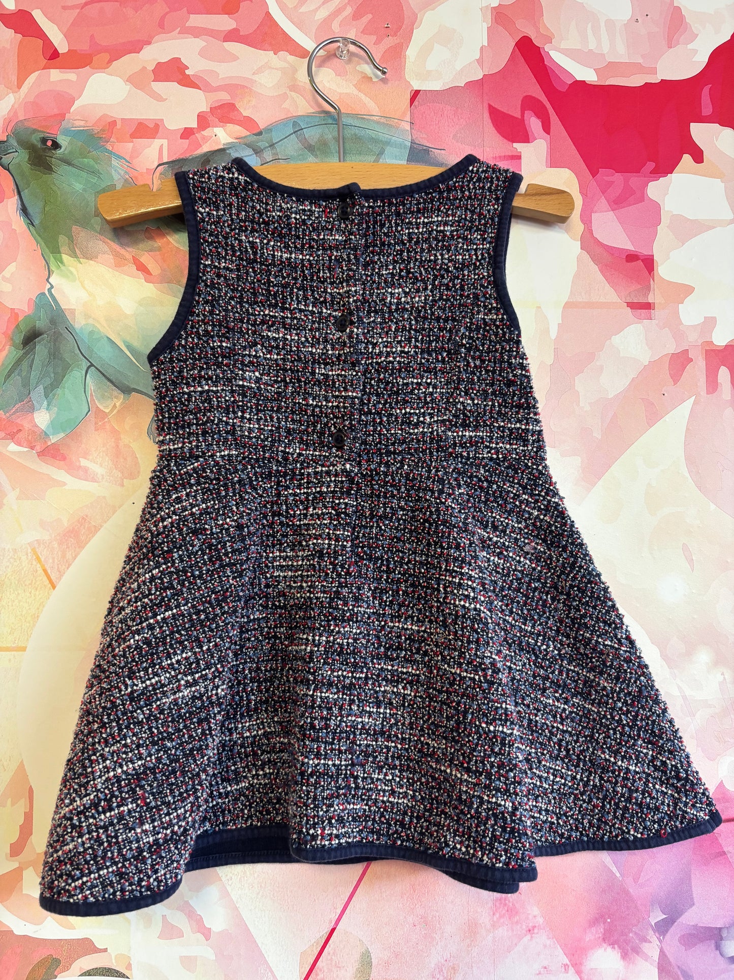 Janie & Jack blue, red, white sleeveless boucle dress with faux front pockets. Size 18-24m.