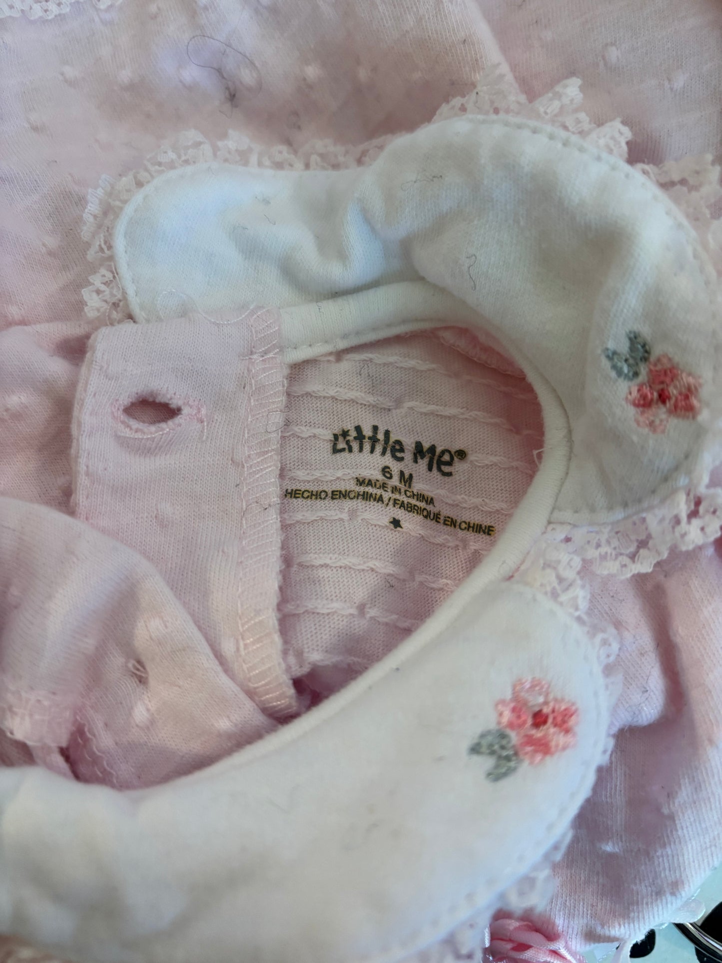 Little Me pink short sleeve dress with ruffles, small pink roses, tulle & white bows. Size 6m