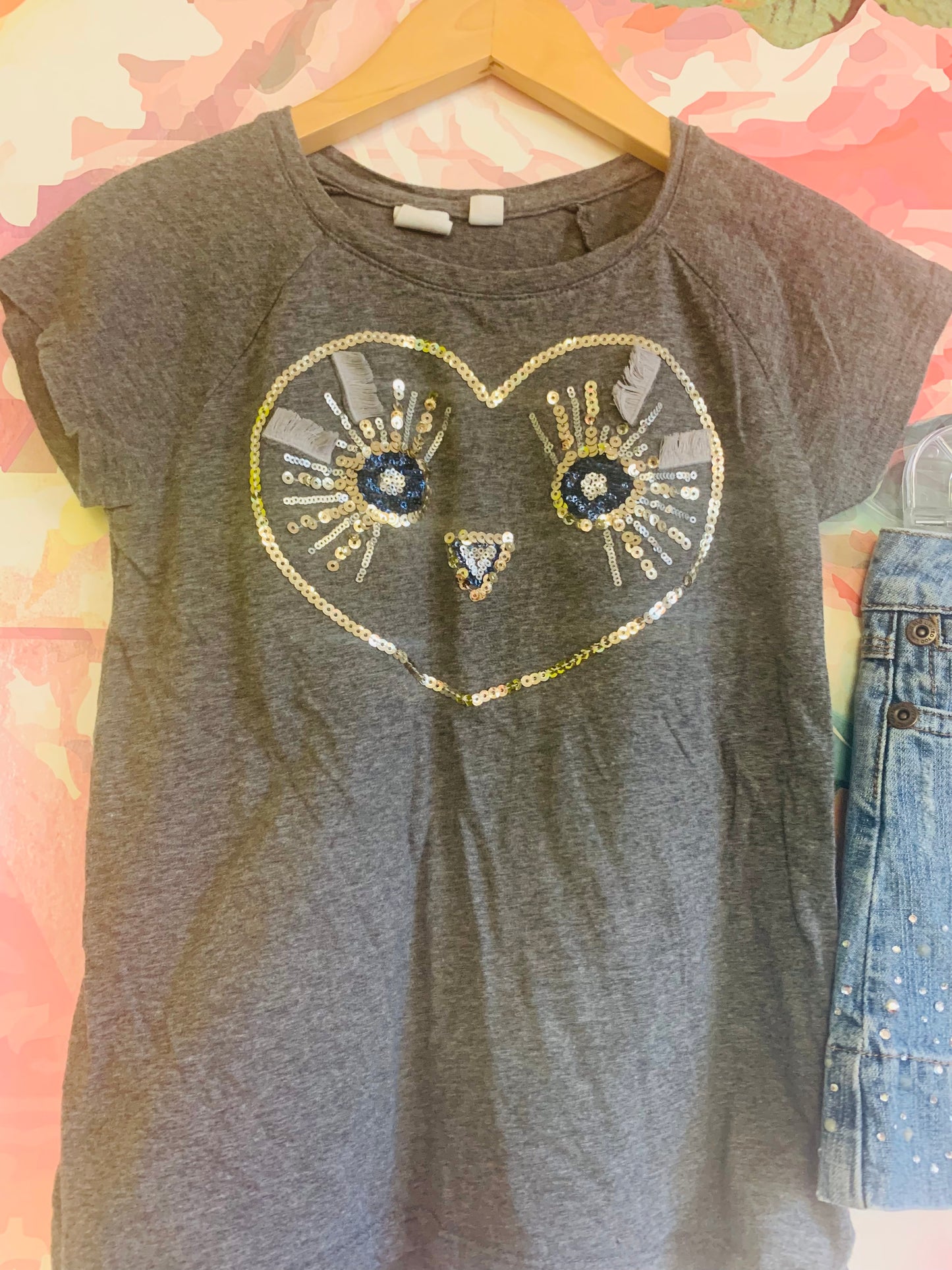 Gap grey t shirt with sequin owl face size 8 and Limited too denim skirt with rhinestone detail size 7