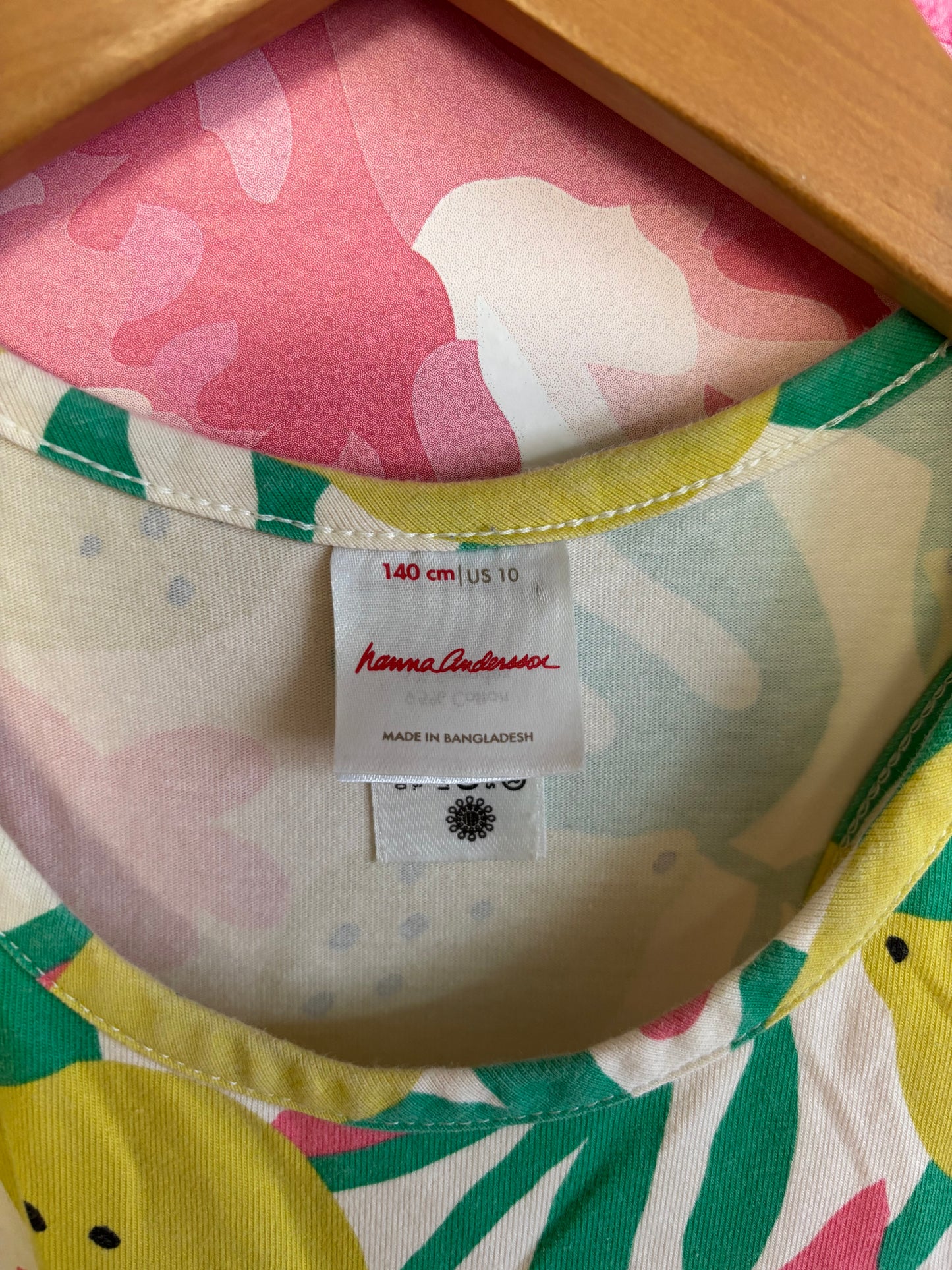 Hanna Andersson tank dress with yellow lemons, green leaves, pink flowers and pockets. Size 10