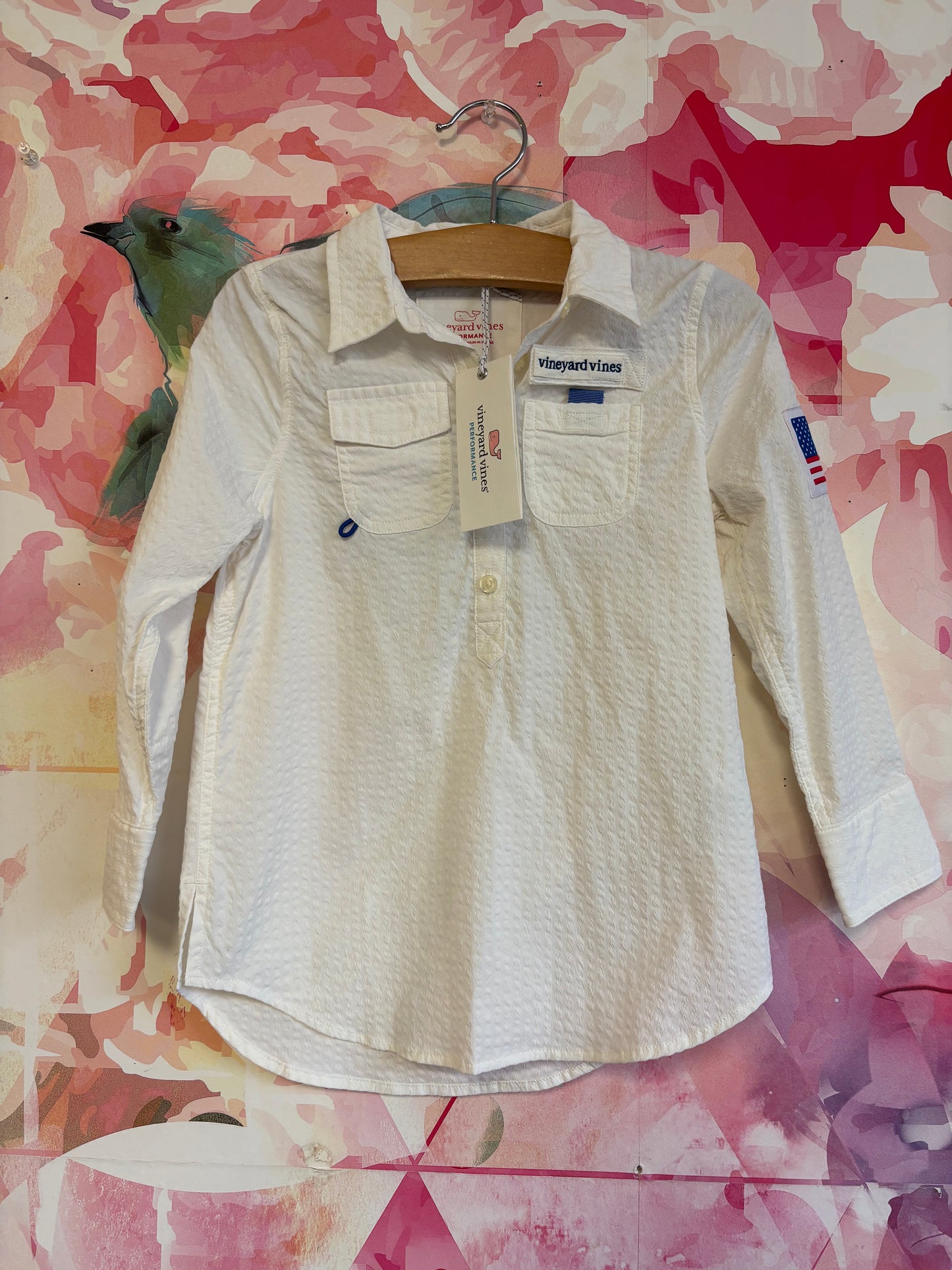 Vineyard Vines white Performance Flag Patch Harbor Shirt Coverup. NEW WITH TAGS. Size 4T.