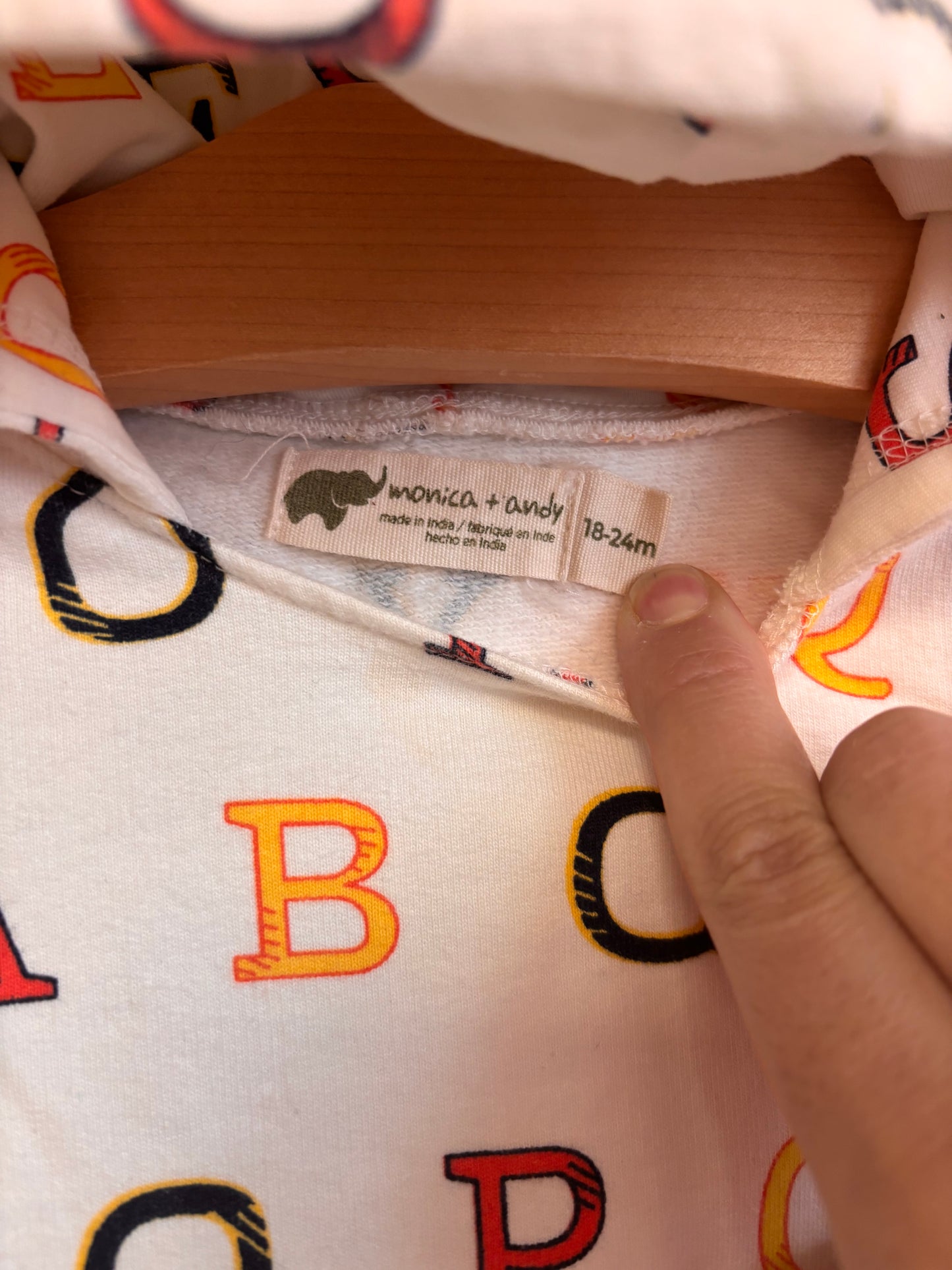 Monica &Andy cream hooded dress with alphabet. Size 18-24m.