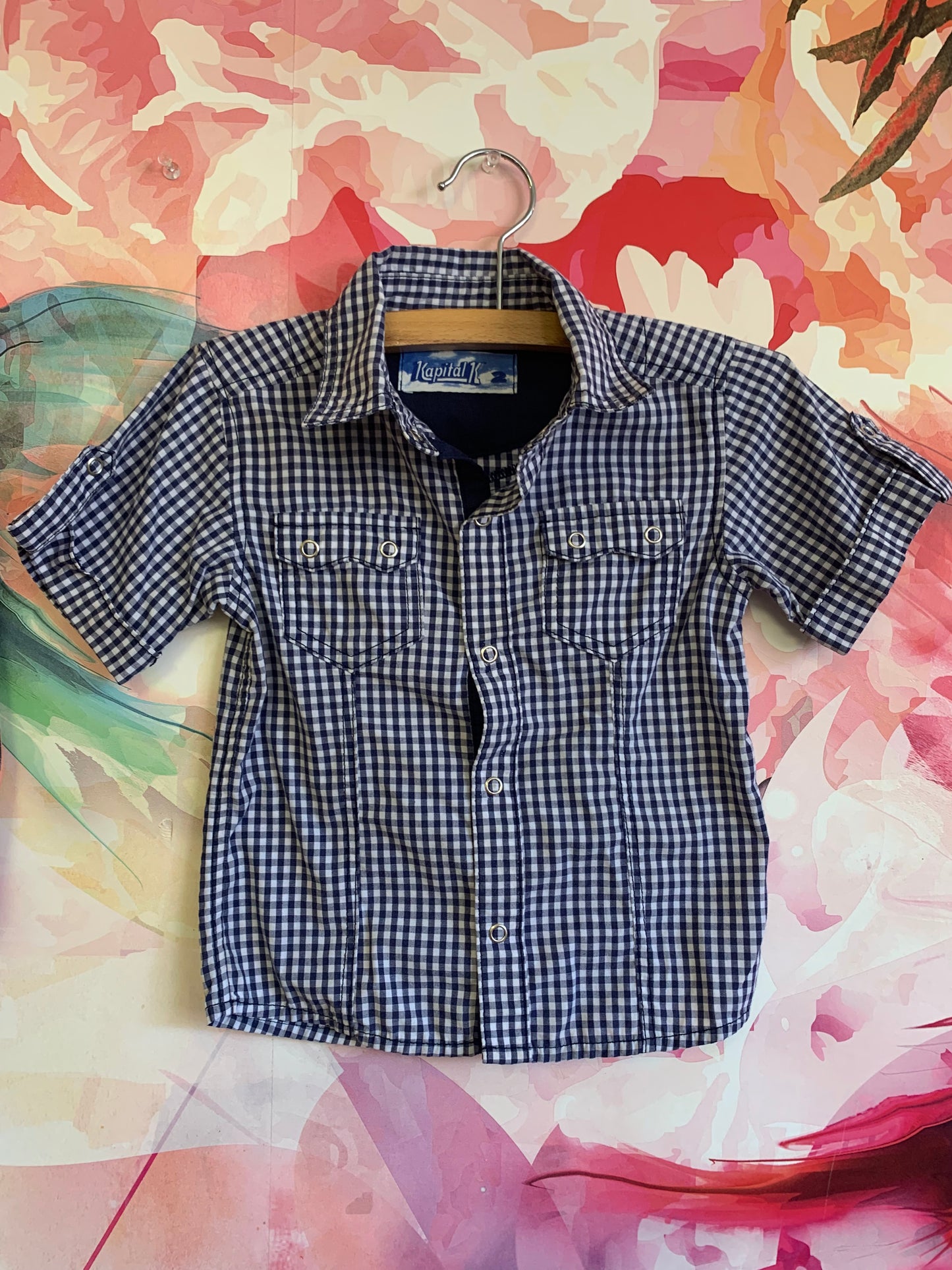 Kapital K blue & white checkered button down shirt with snaps. Size 2T.