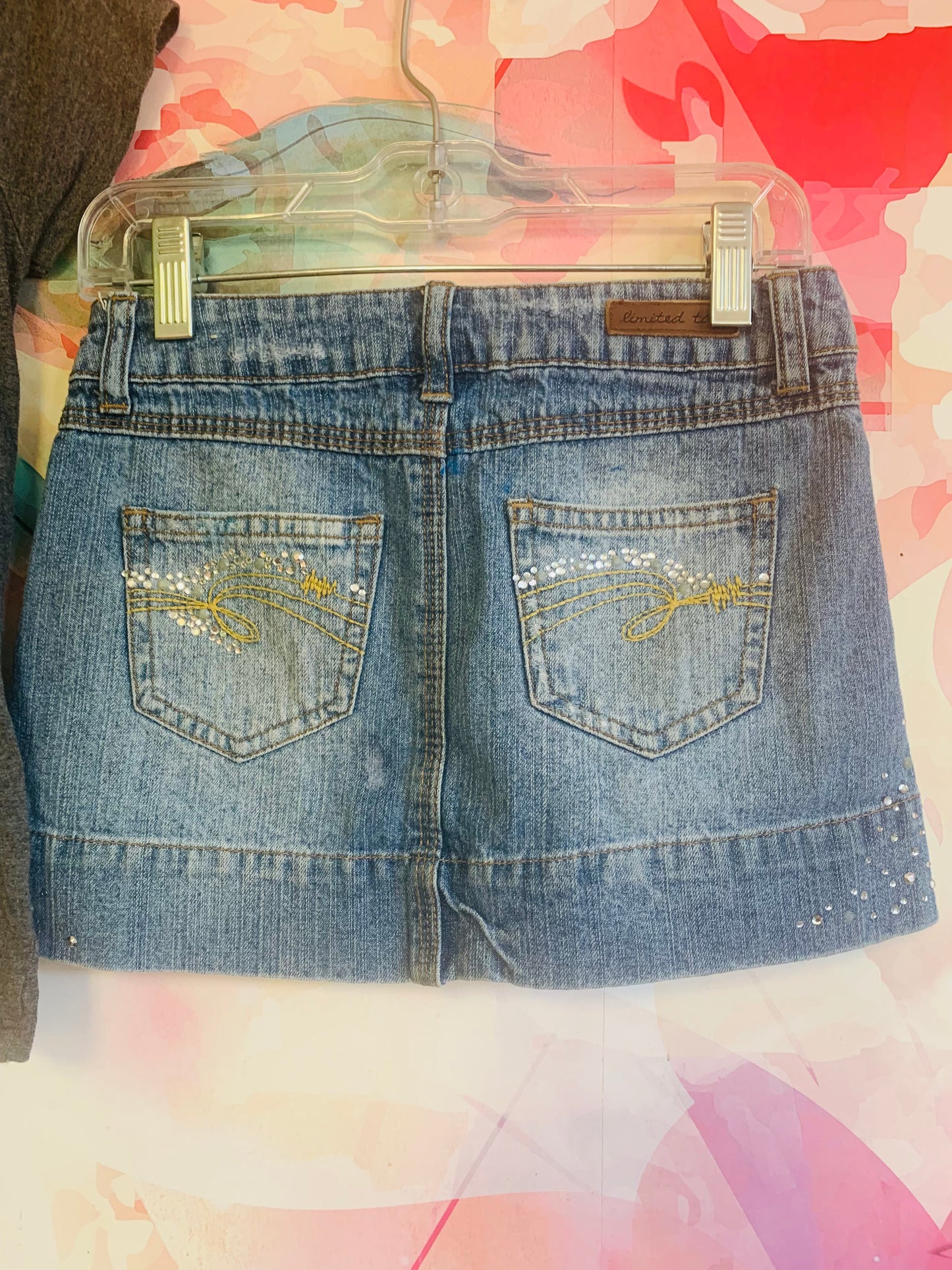 Gap grey t shirt with sequin owl face size 8 and Limited too denim skirt with rhinestone detail size 7