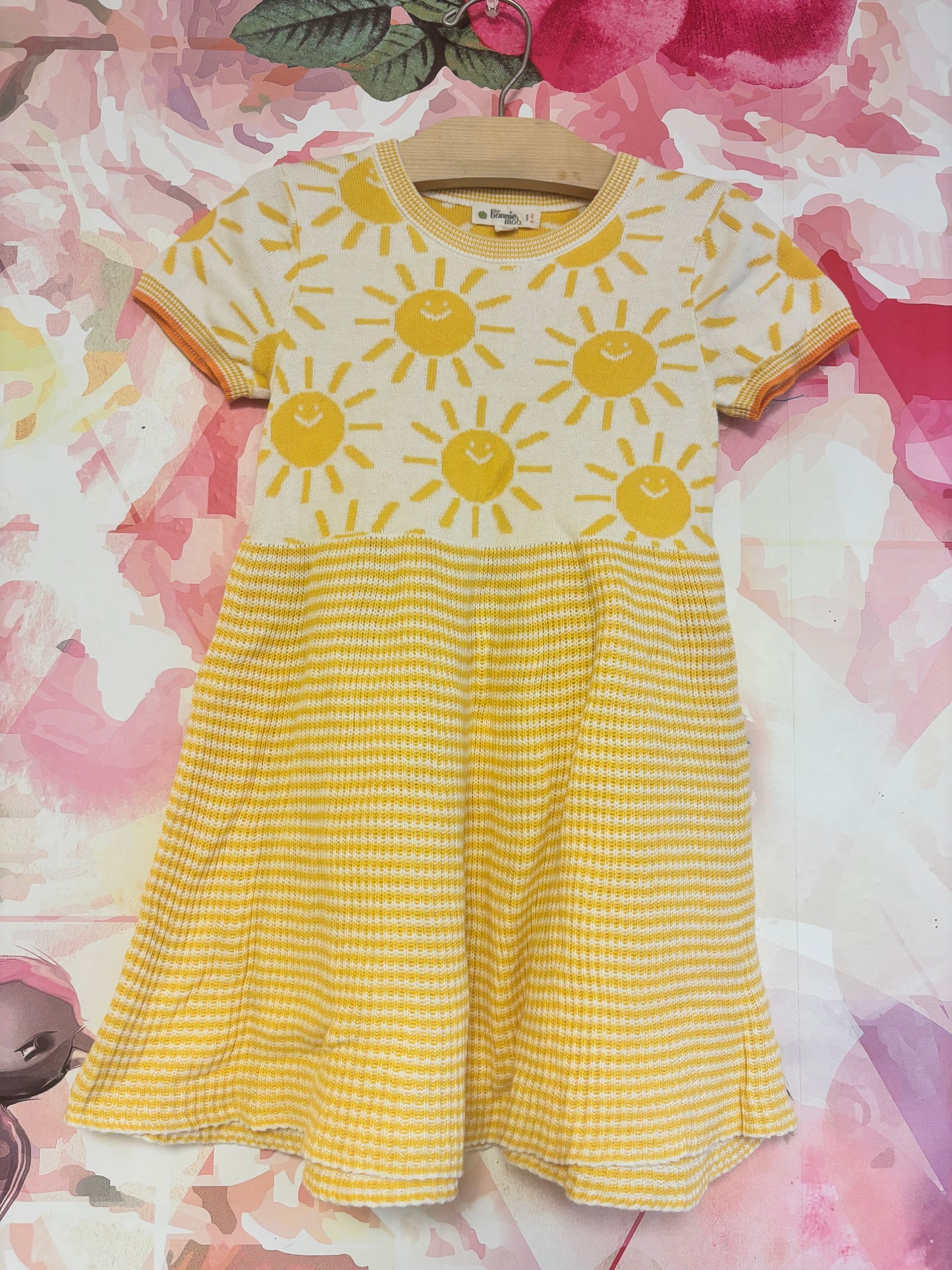 The Bonnie Mob cream & yellow knit short sleeve dress with stripes & smiling suns. Size 3T / 4T