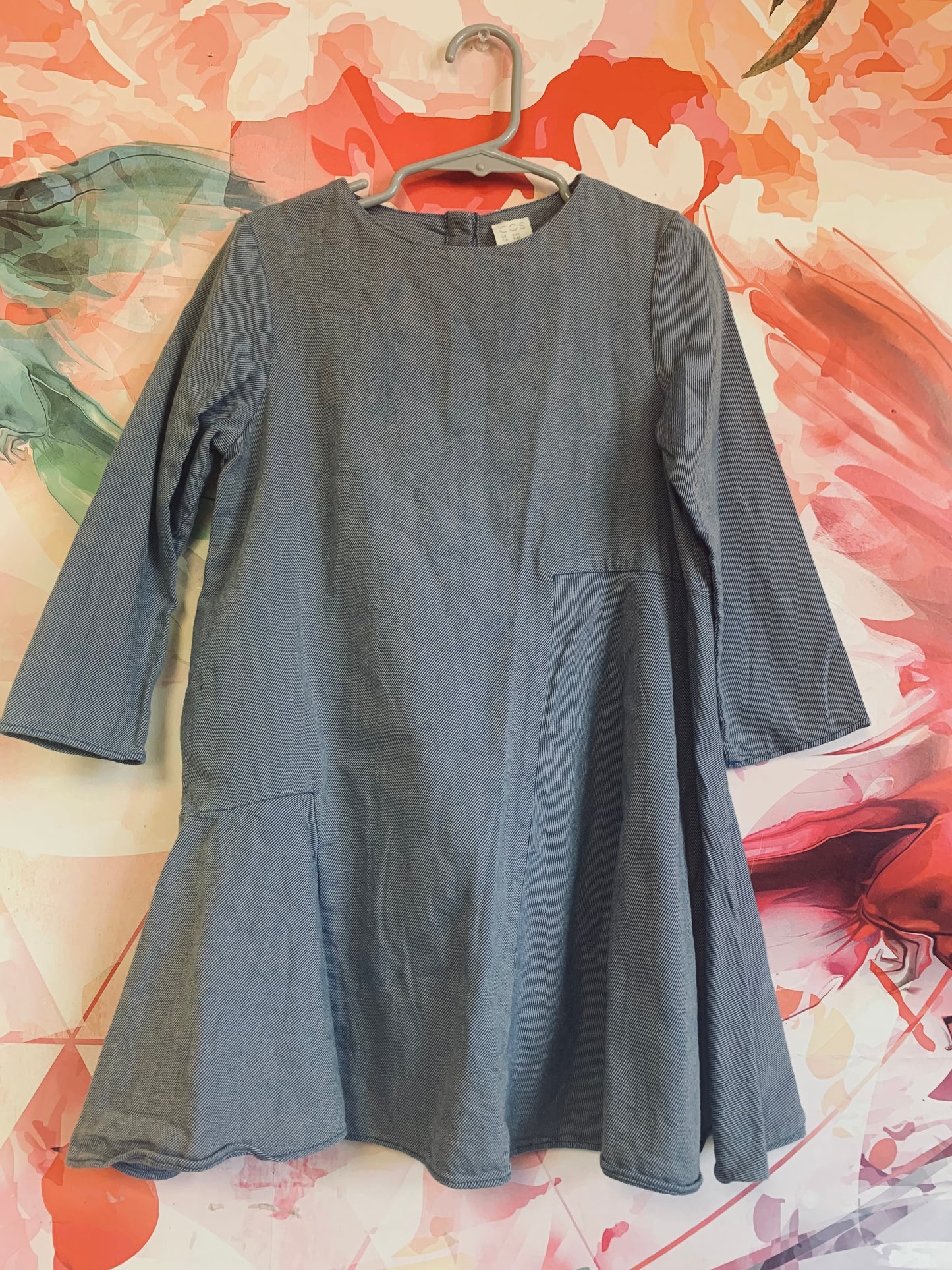 COS blue 100% cotton dress with flare skirt & one pocket. Snap closure on back. Size 4T - 6T