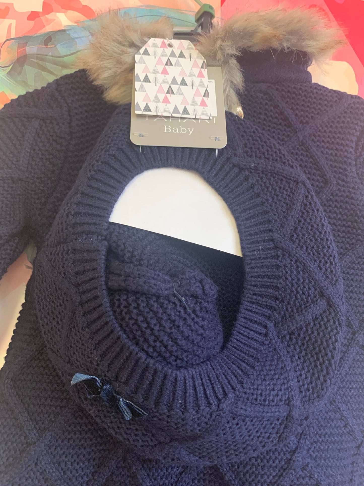 Tahari Baby *New with tags* blue knit sweater dress with faux fur collar, matching beret hat & white tights. Size 3-6m