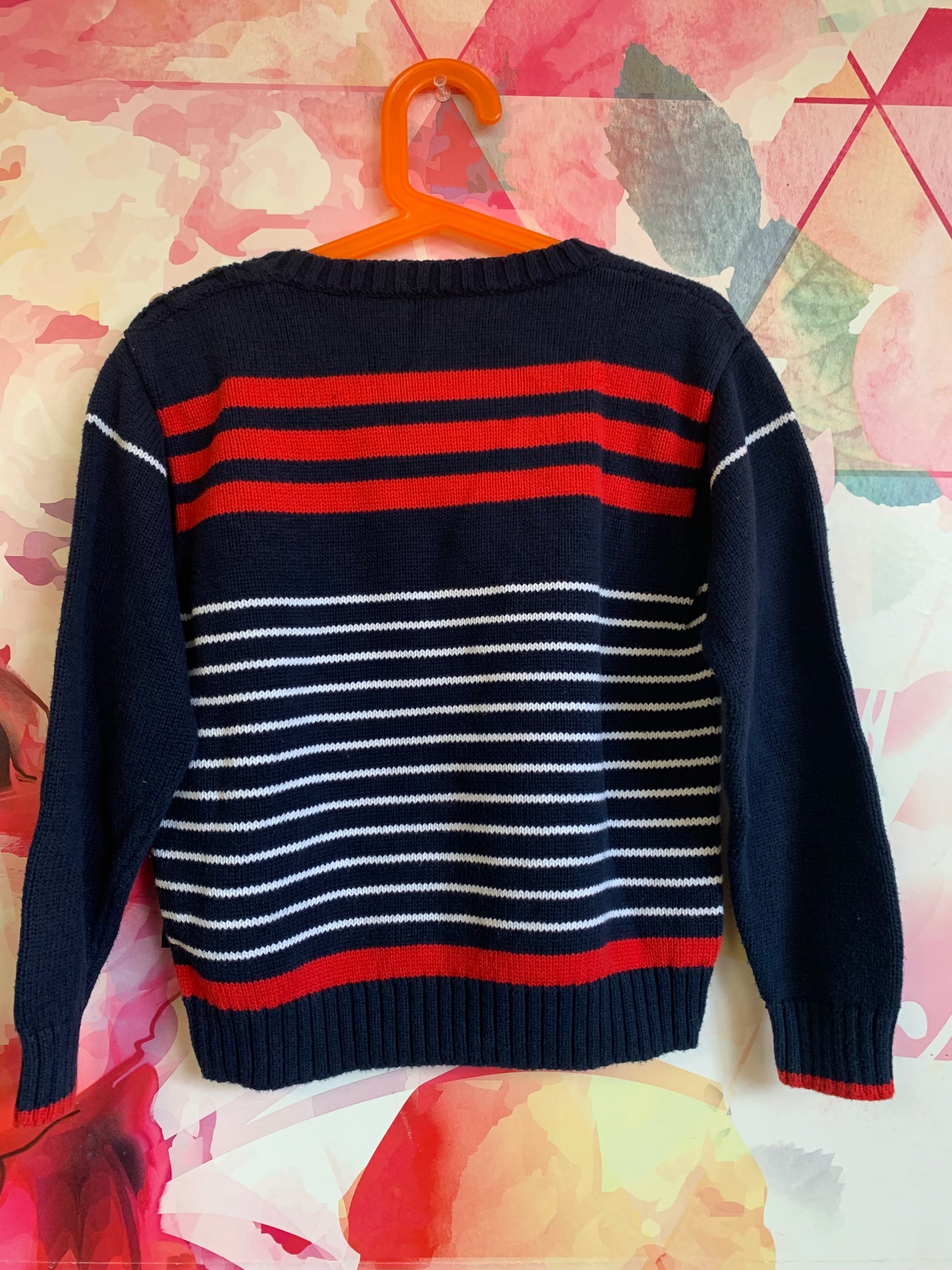 bella bliss red, blue, white stripe knot crewneck sweater with whales and shoulder buttons. Size 7