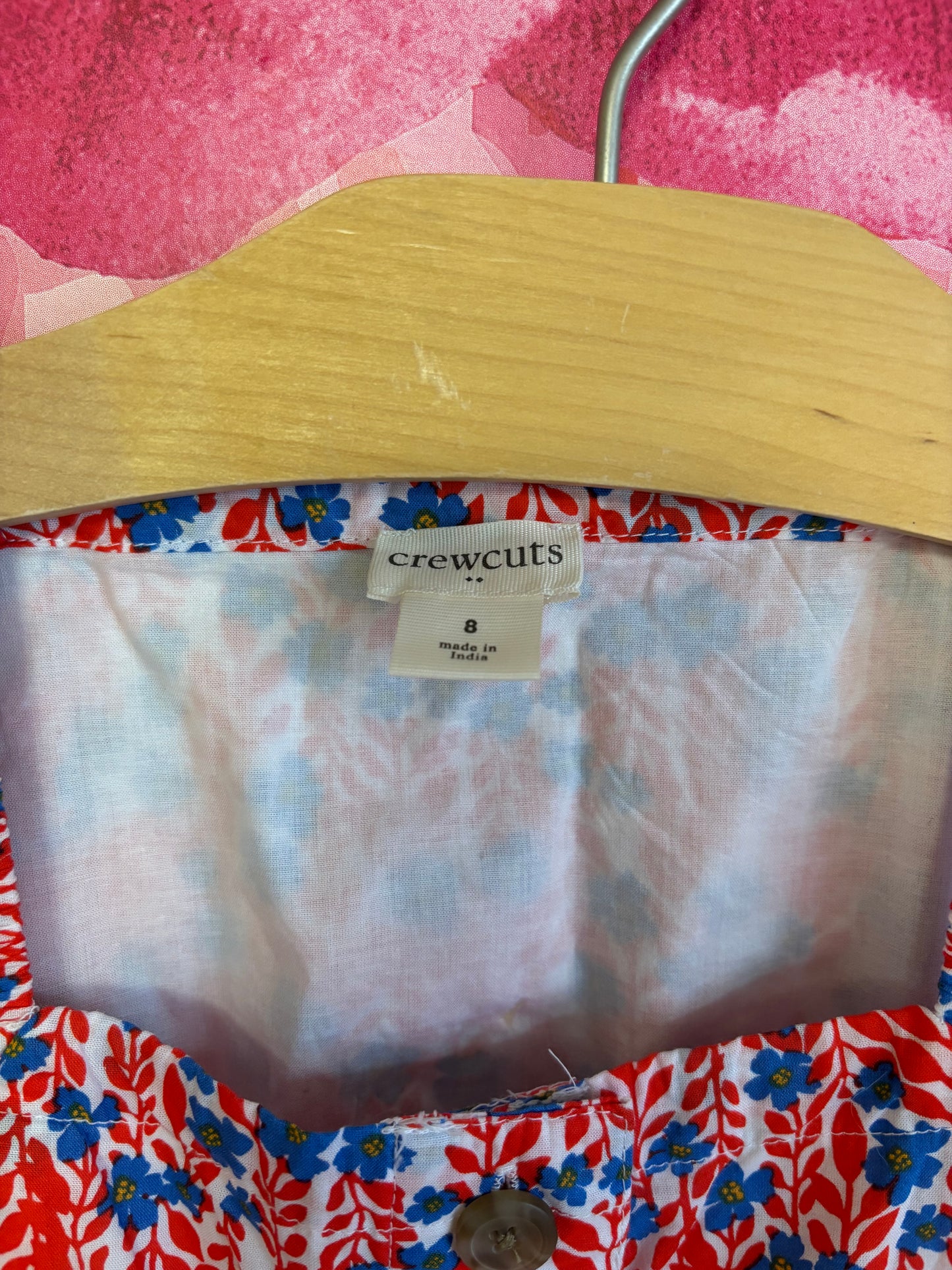 Crewcuts red, blue, white flutter sleeve floral dress with front button closure & front pockets. Size 8