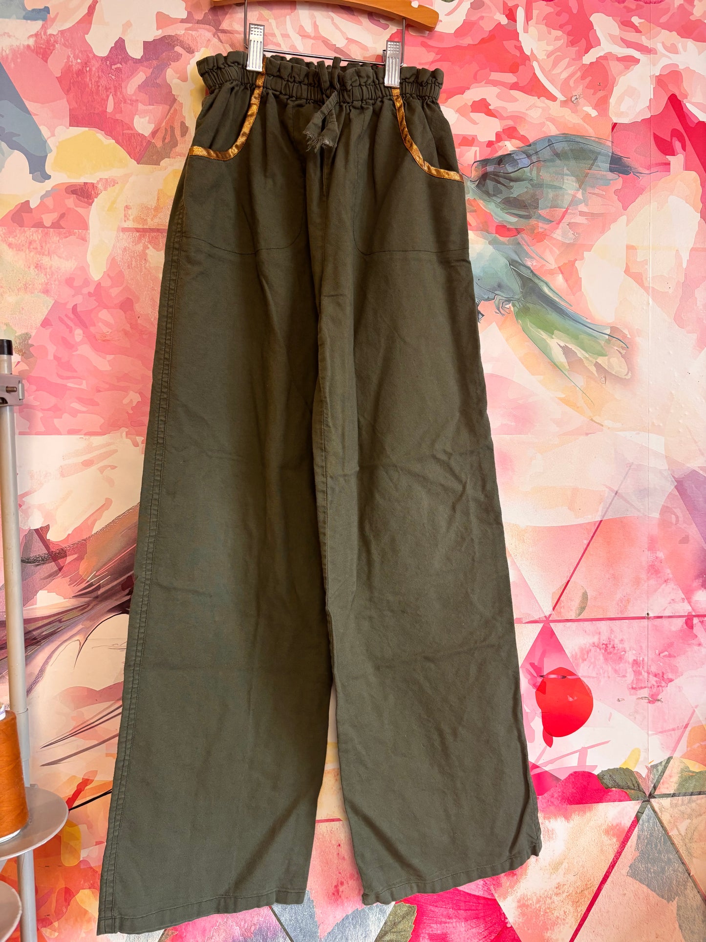 Pink Chicken army green button down and wide leg pants with gold sequins and elbow patches. Size 14T.