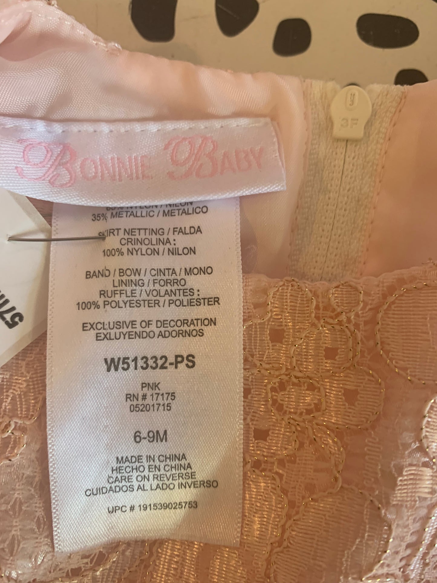 Bonnie Baby pink short sleeve tulle and lace dress with satin waist sash. Size 6-9m