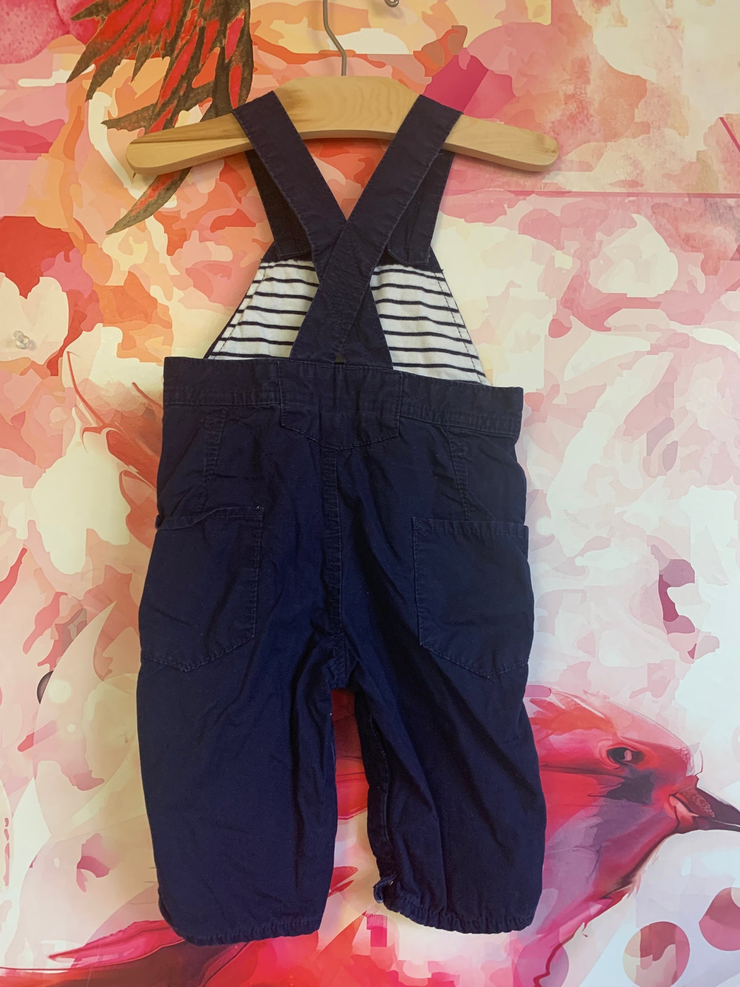 Baby Gap navy blue overalls with white/blue stripe lining. Size 3-6m