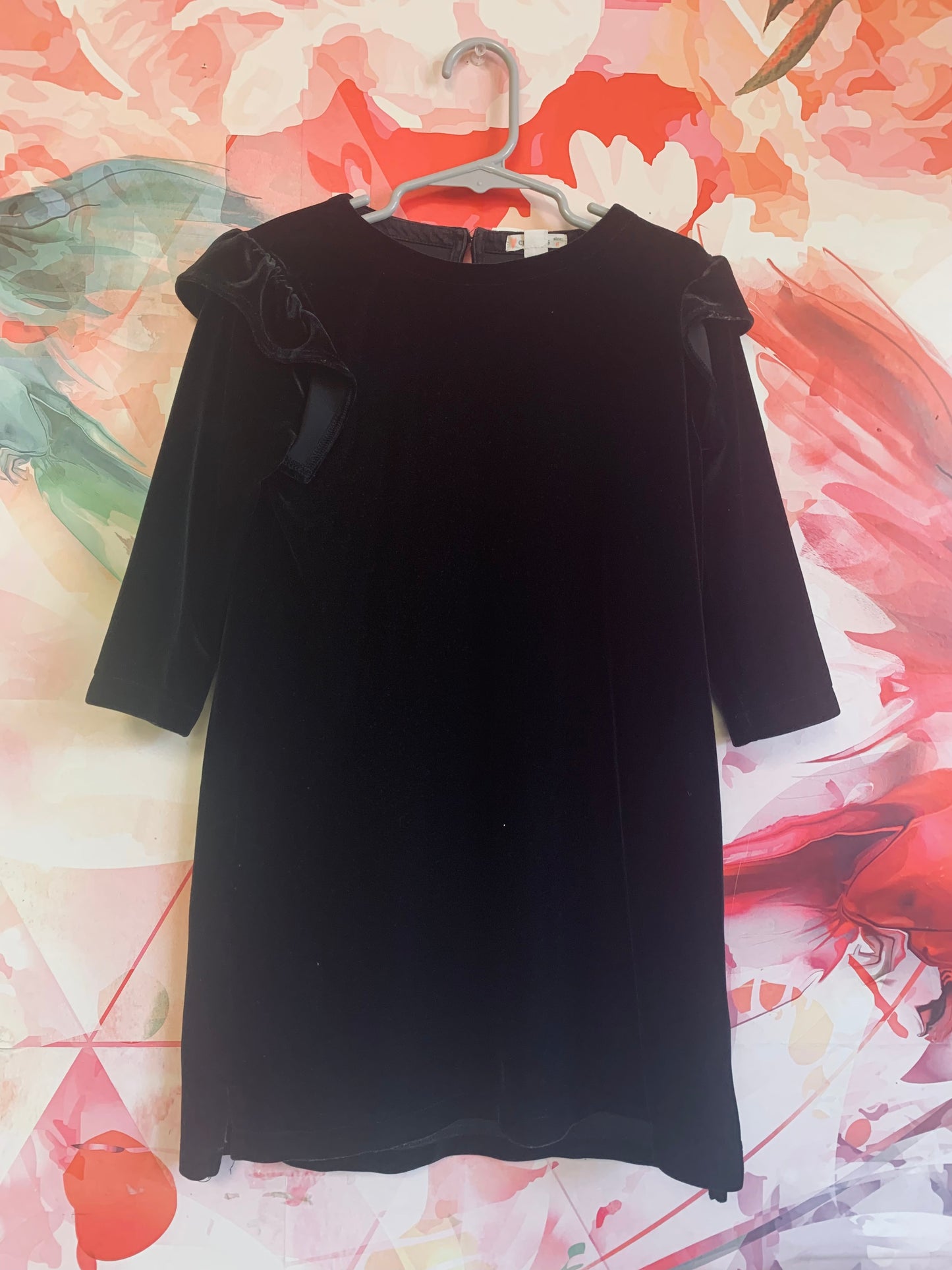 Crewcuts black velour dress with shoulder ruffles. Size 6T