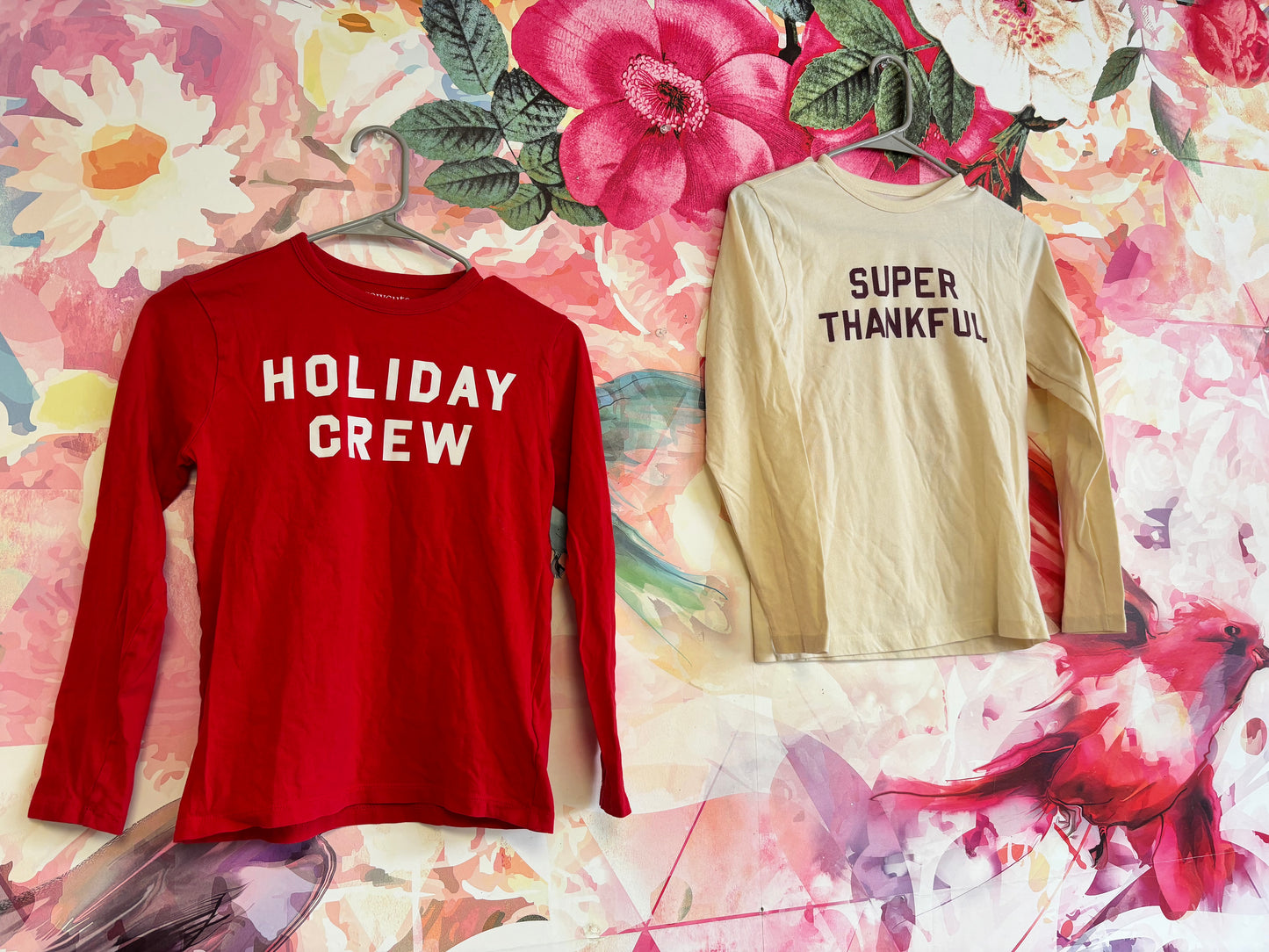Crewcuts long sleeve shirts. (2) Cream with burgundy SUPER THANKFUL. Red with white HOLIDAY CREW. Size 10 / 11