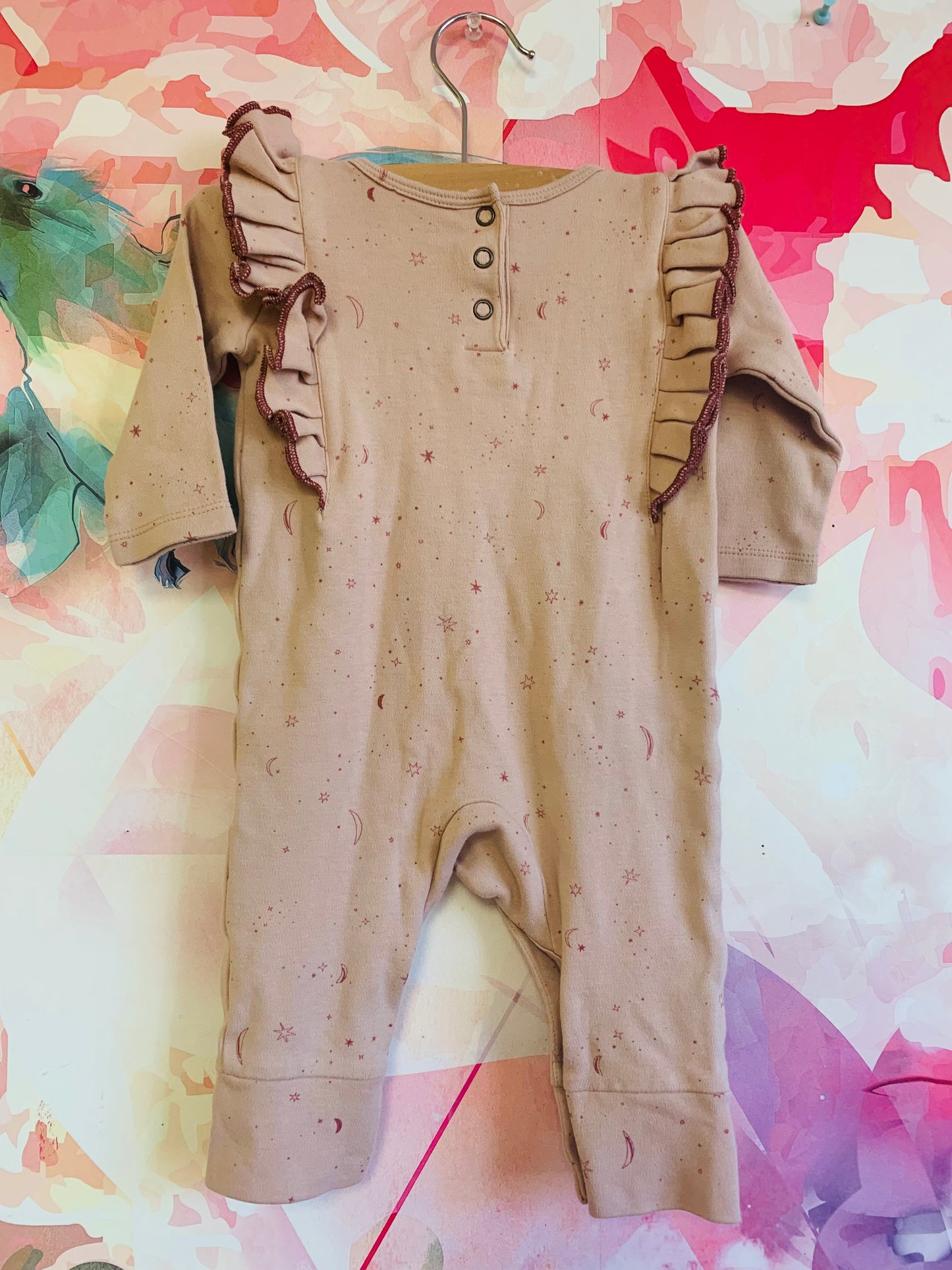 Pehr pink long sleeve romper with dark pink moon & stars. Size 3-6m