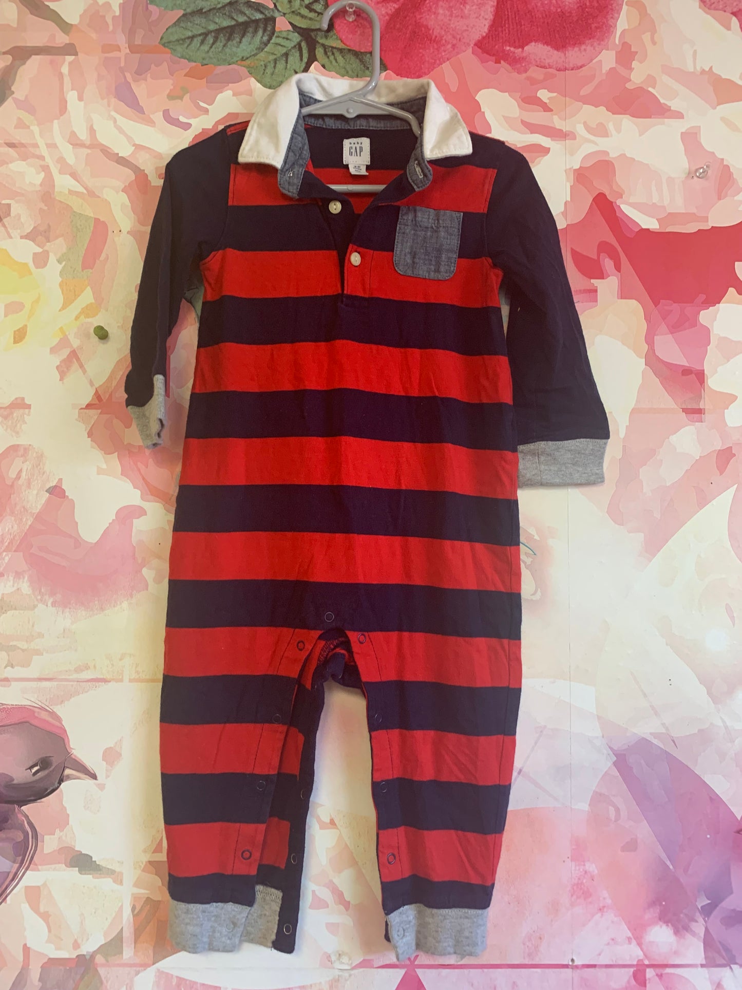 Baby Gap red & blue stripe long sleeve romper with white collar. Snap closures. Size 18-24m. TWO IN STOCK.