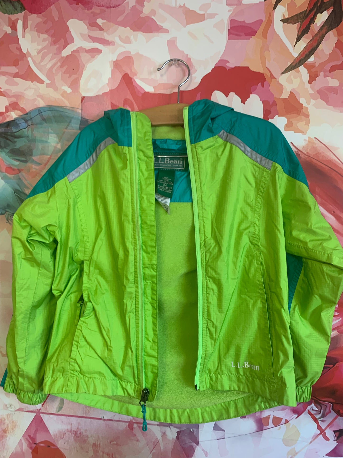 L.L. Bean teal & green raincoat with hood. Fleece lined. Size 4T