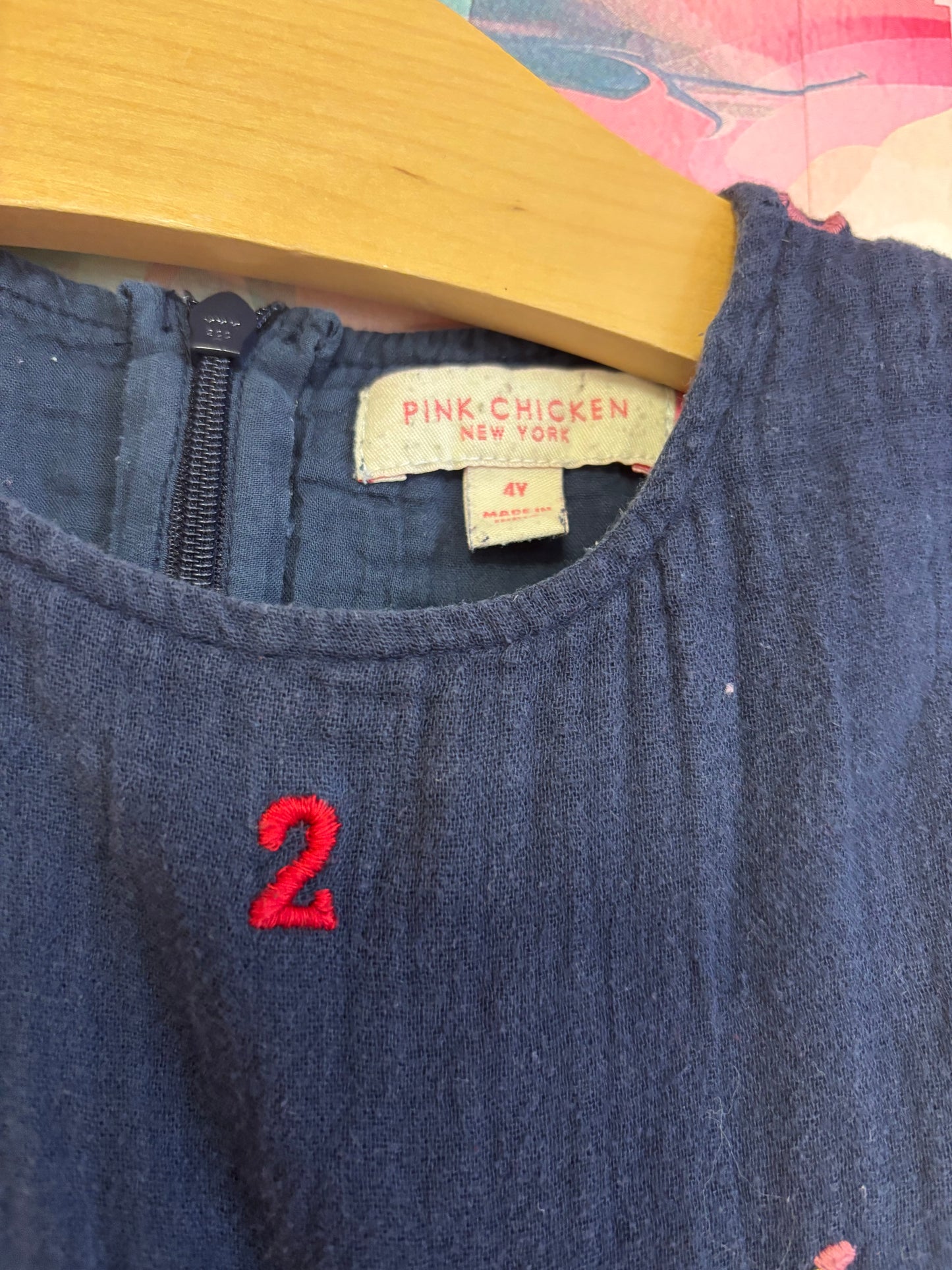 Pink Chicken girls kit dress - alphabet embroidery. Navy blue short sleeve dress with numbers & letters. Size 4T
