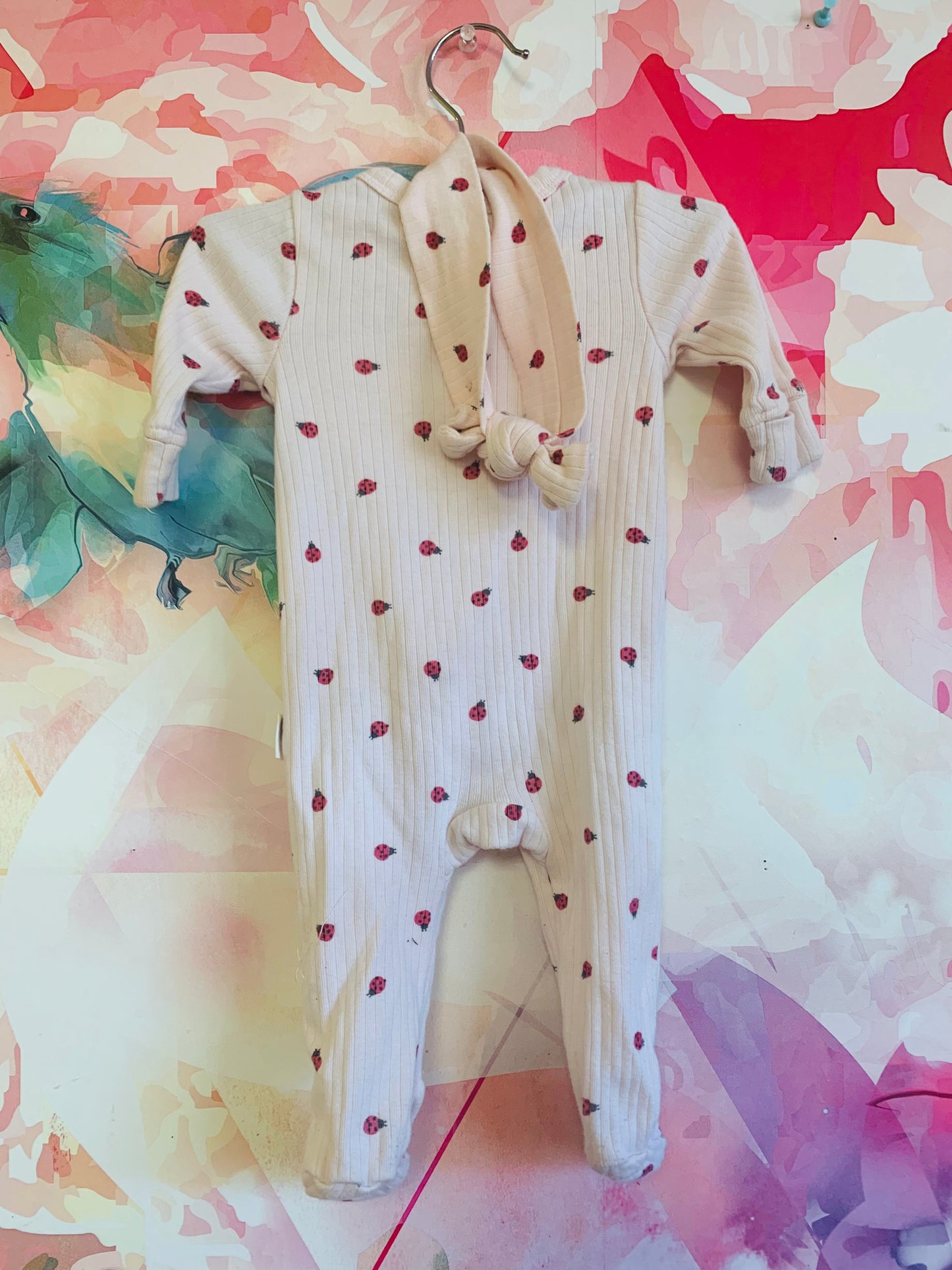 Rabbit & Bear long sleeve pink rubbed romper with small red ladybugs & matching headband. Size 0-3m / NB