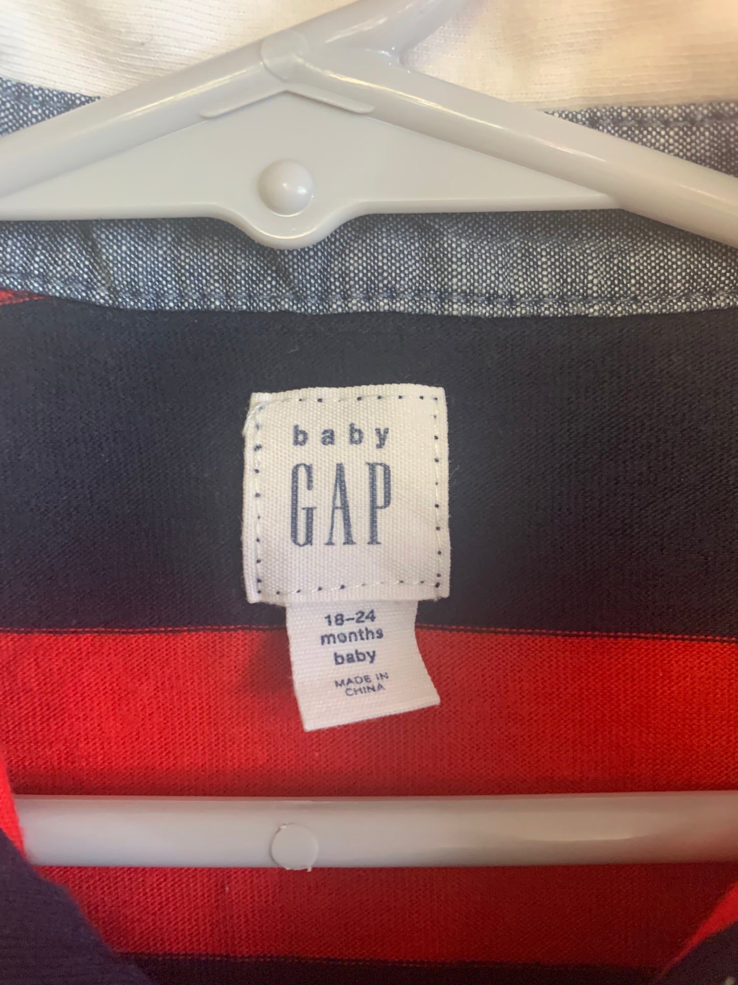 Baby Gap red & blue stripe long sleeve romper with white collar. Snap closures. Size 18-24m. TWO IN STOCK.
