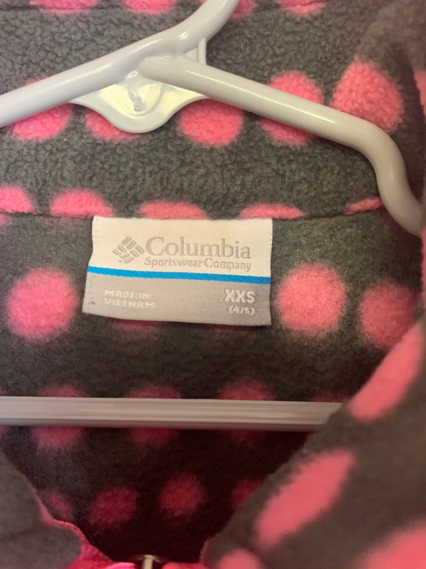 Columbia grey fleece jacket with pink polka dots. Size XXS 4T / 5T