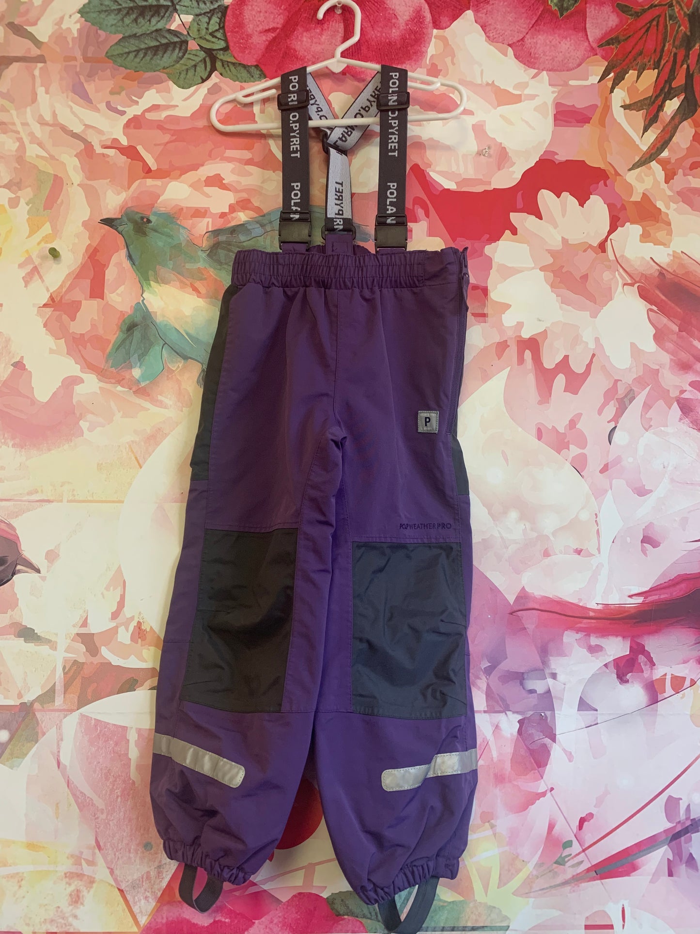 Polarn O. Pyret purple snow pants with suspenders. Size 4T - 5T