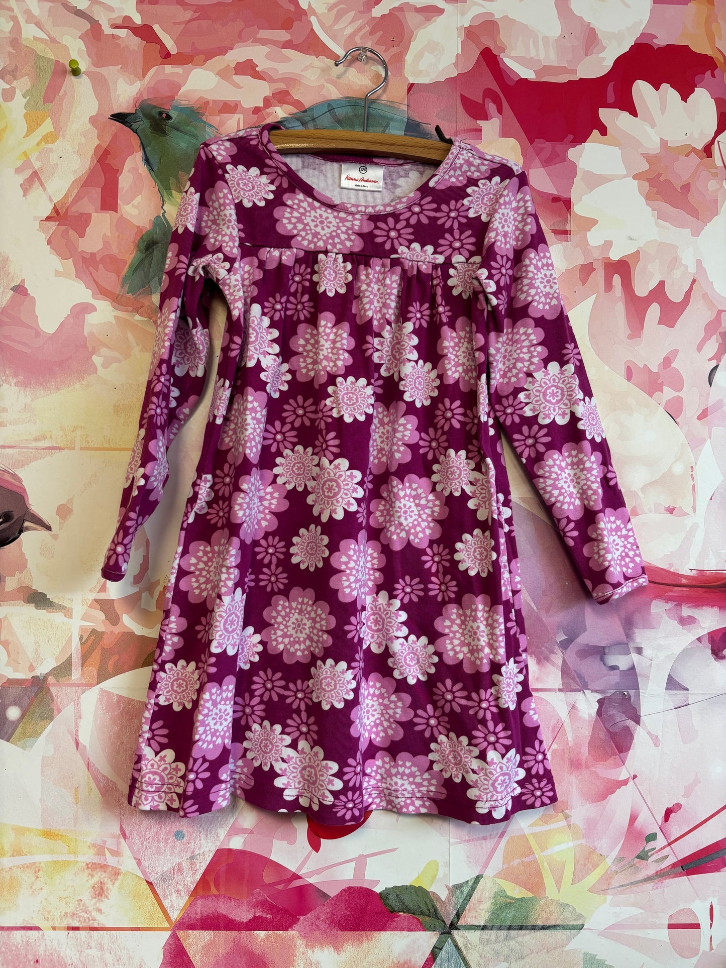 Hanna Andersson pink & white floral long sleeve empire waist dress. Size 6T.