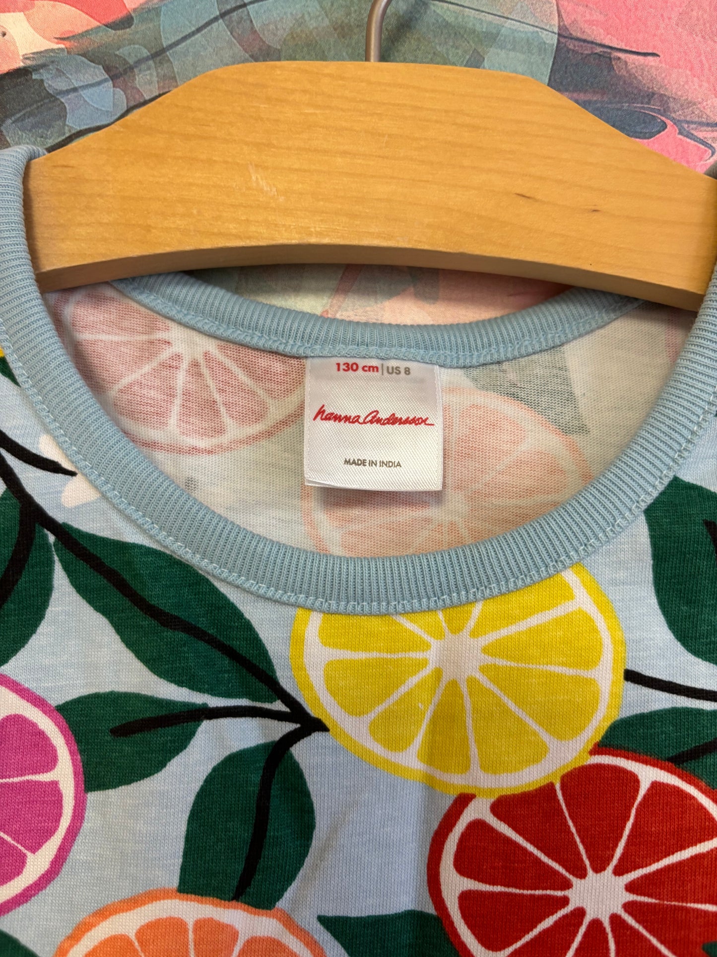 Hanna Andersson blue tank dress with sliced citrus fruits. Size 8