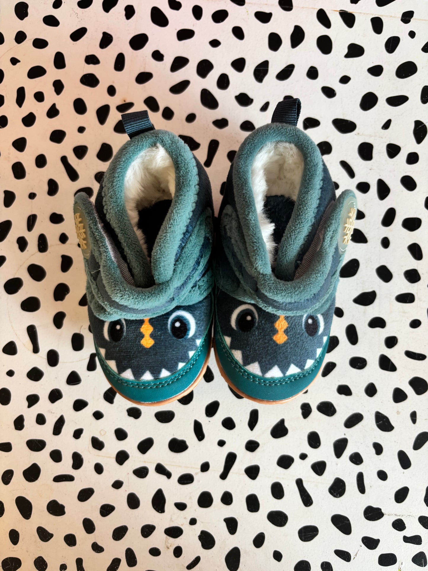 Blue monster face fleece boots with Velcro & faux fur lining. Never worn. Size 5 (shoes)
