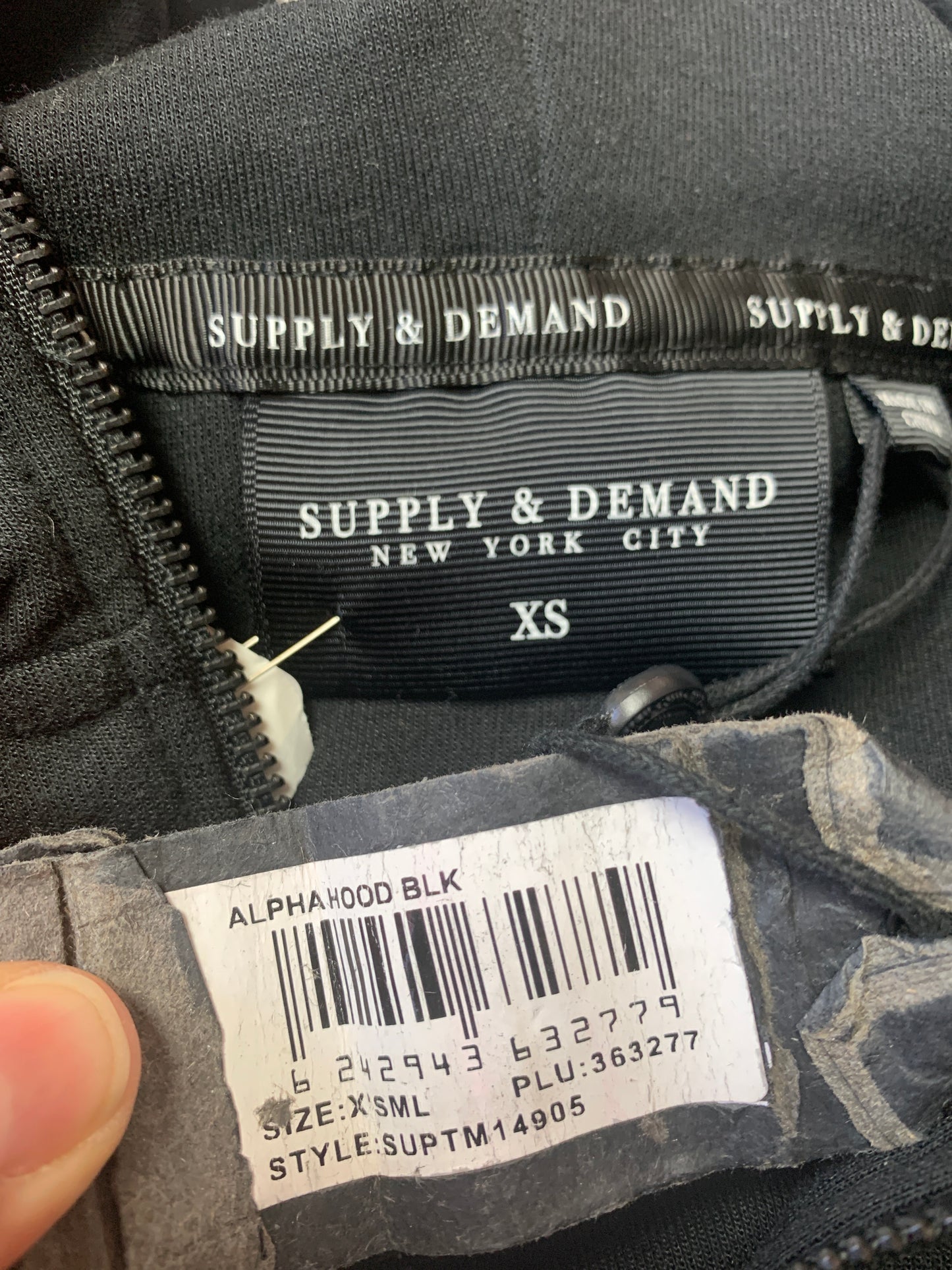 Supply & Demand black zip up hoodie with silver hooks and buckles on four front pockets. Size XS.