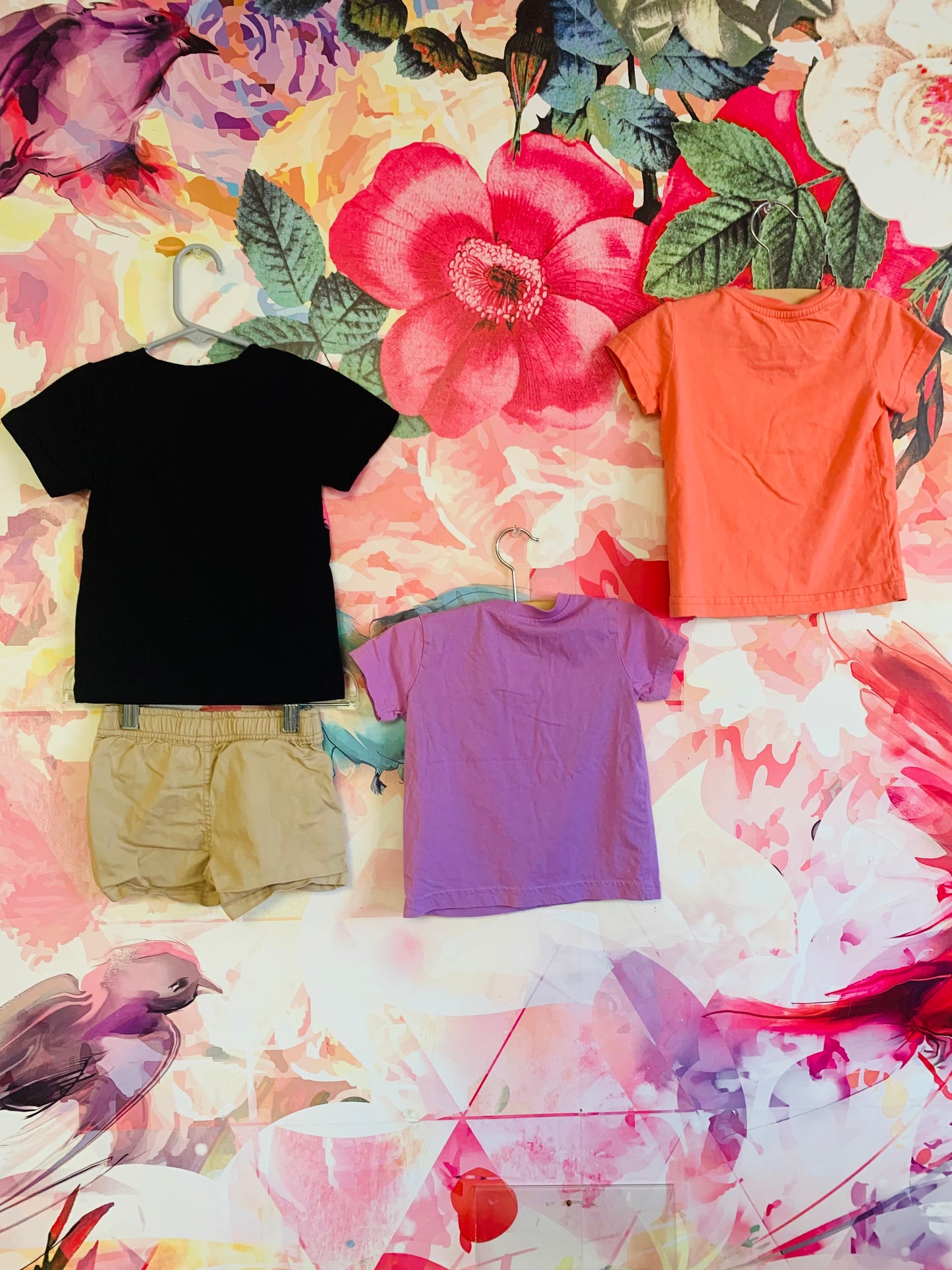 Bundle! Primary Purple & coral short sleeve shirts with shoulder snaps, black t-shirt with sunset palm trees, primary khaki elastic waist shorts. All size 12-18m.