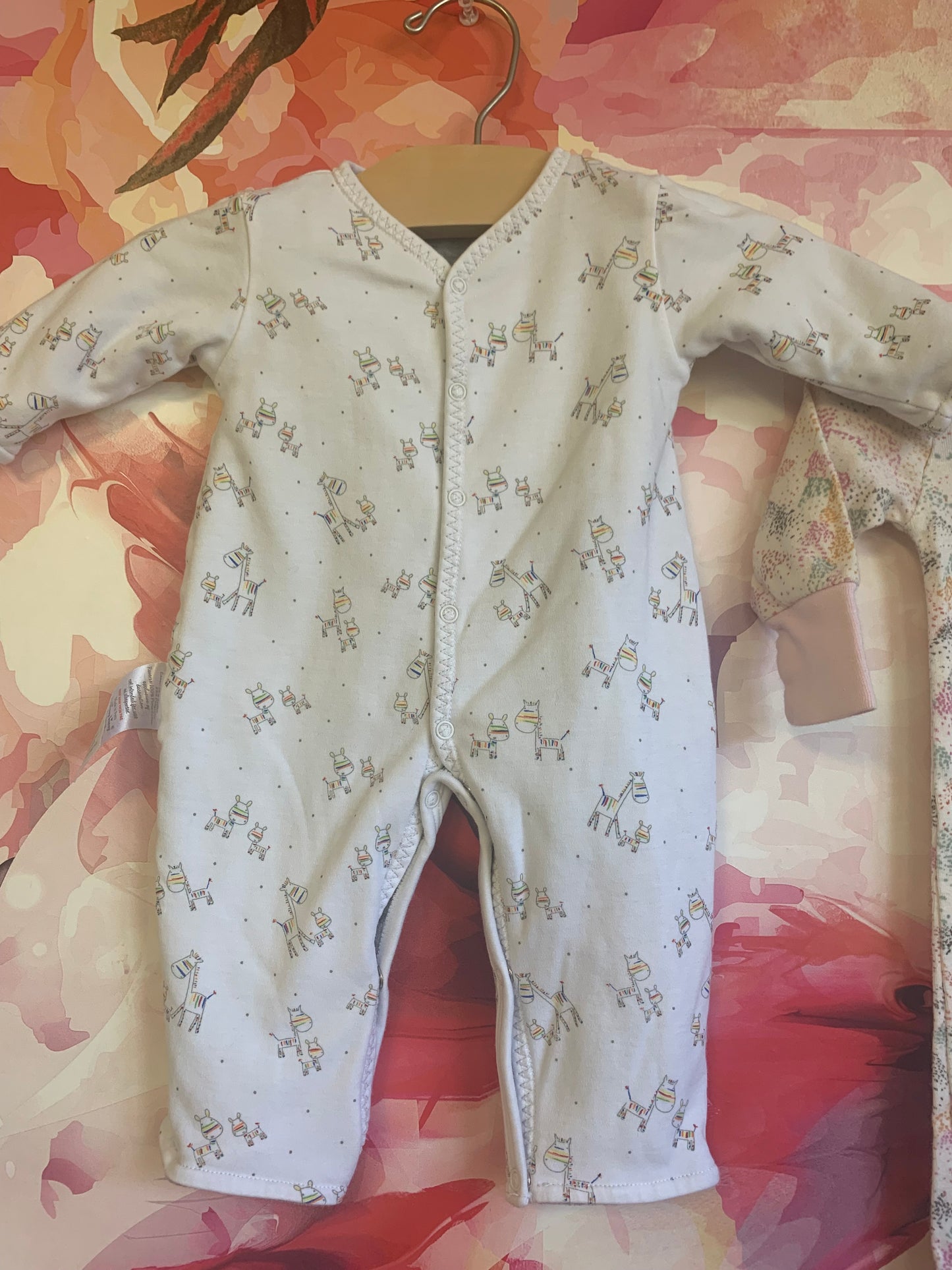Bundle! Burt’s Bees pink, grey, green, orange zipper romper. Kissy Kissy Fleece lined snap romper with zebras. Size 0-3m / NB