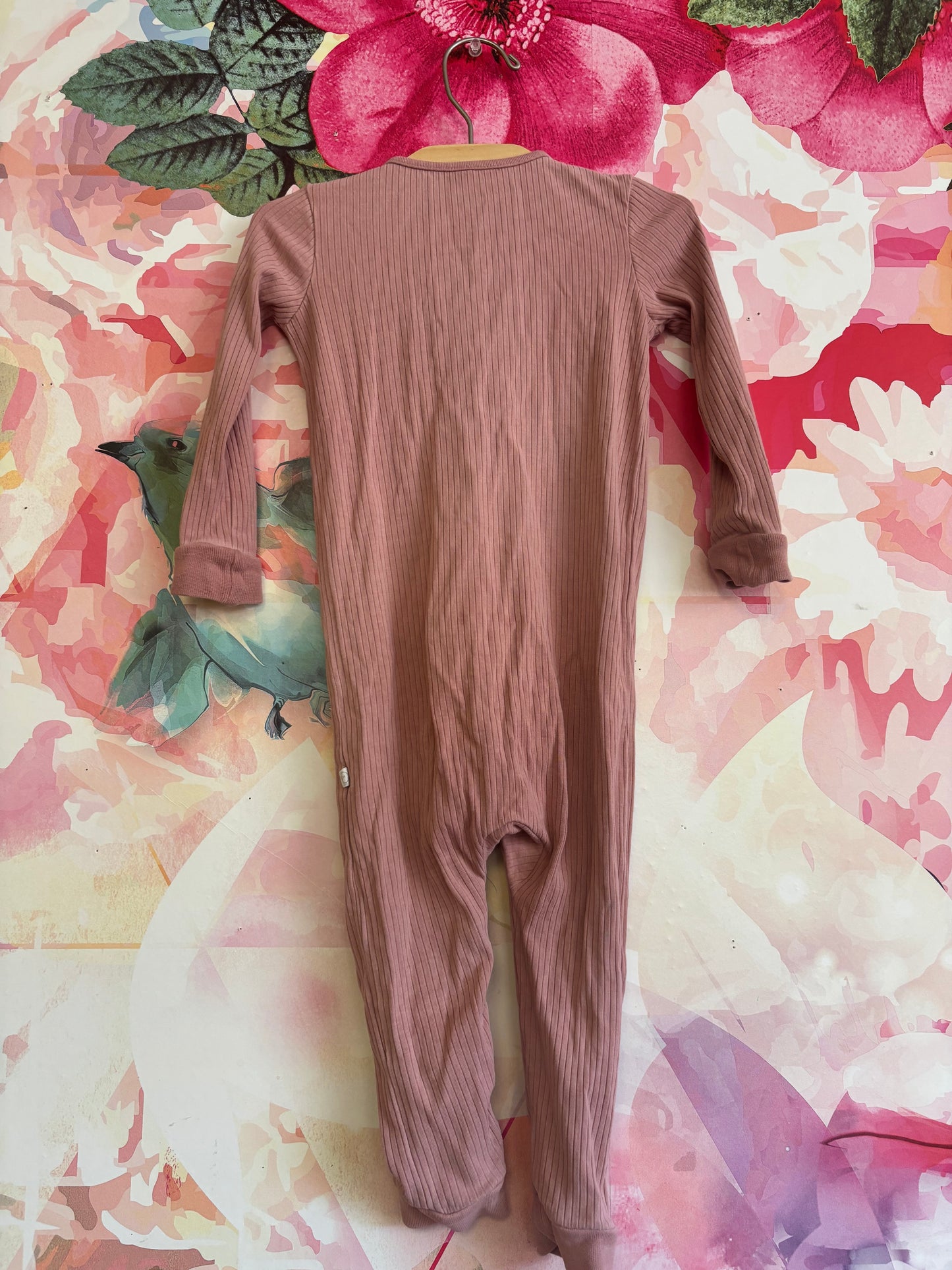 Mori pink ribbed long sleeve romper. Organic cotton & bamboo. Size 18-24m.