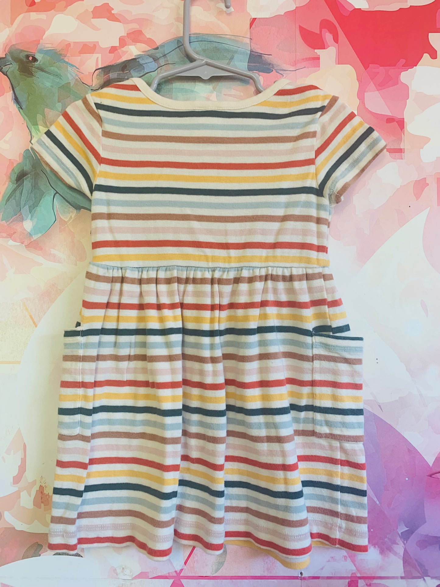 Hanna Andersson rainbow stripe short sleeve dress with front pockets. Size 2T