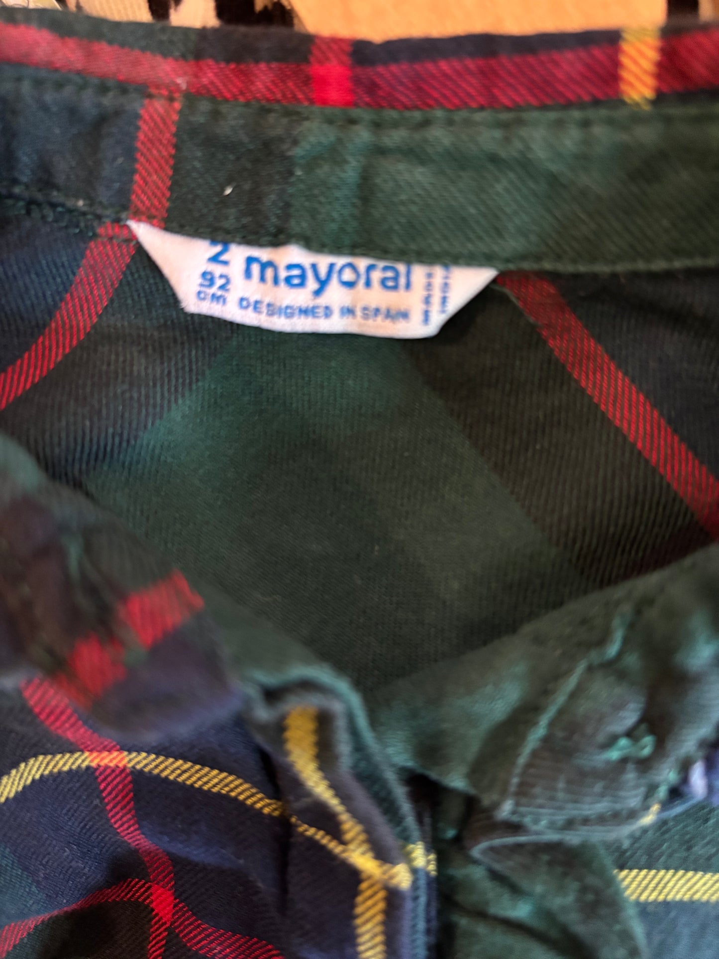 Mayoral green plaid button down blouse  with silver dots on collar. Ruffle & hidden buttons. Size 2T.