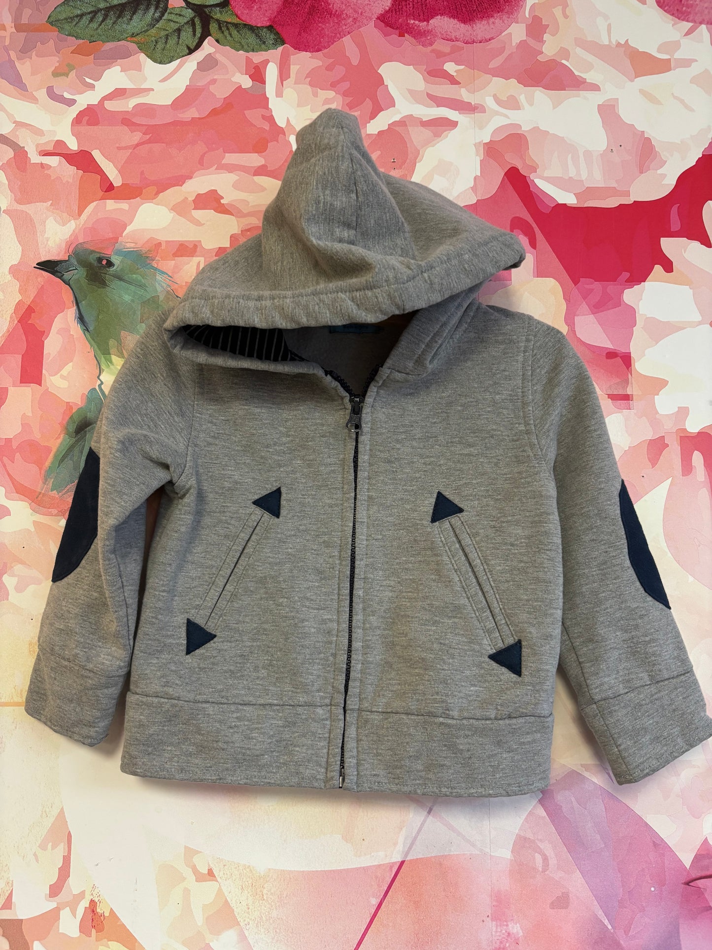 Andy & Evan grey zip up hoodie with blue elbow patches. Size 2T / 3T.