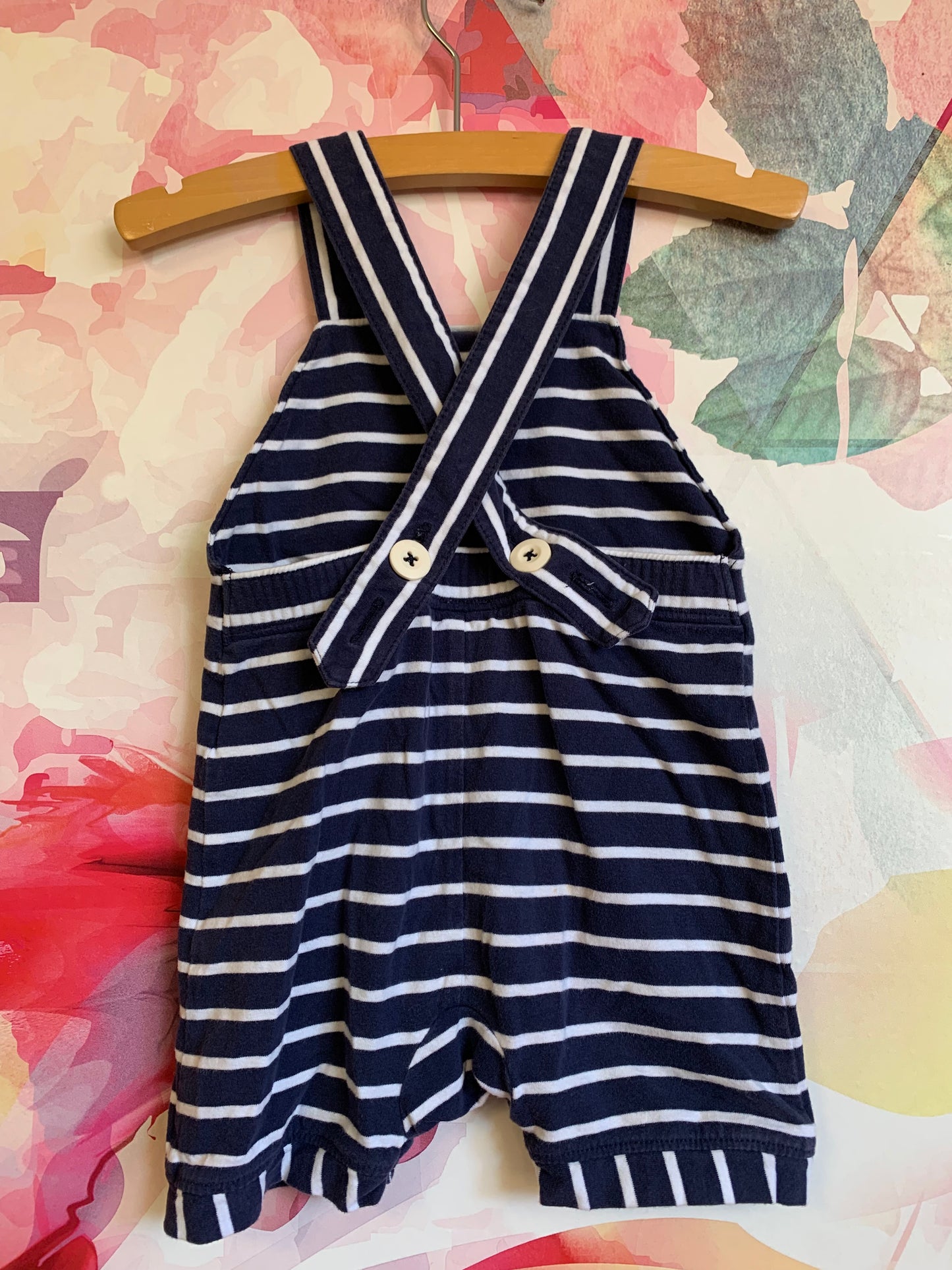 Hanna Andersson blue/white stripe overalls. Size 3-6m