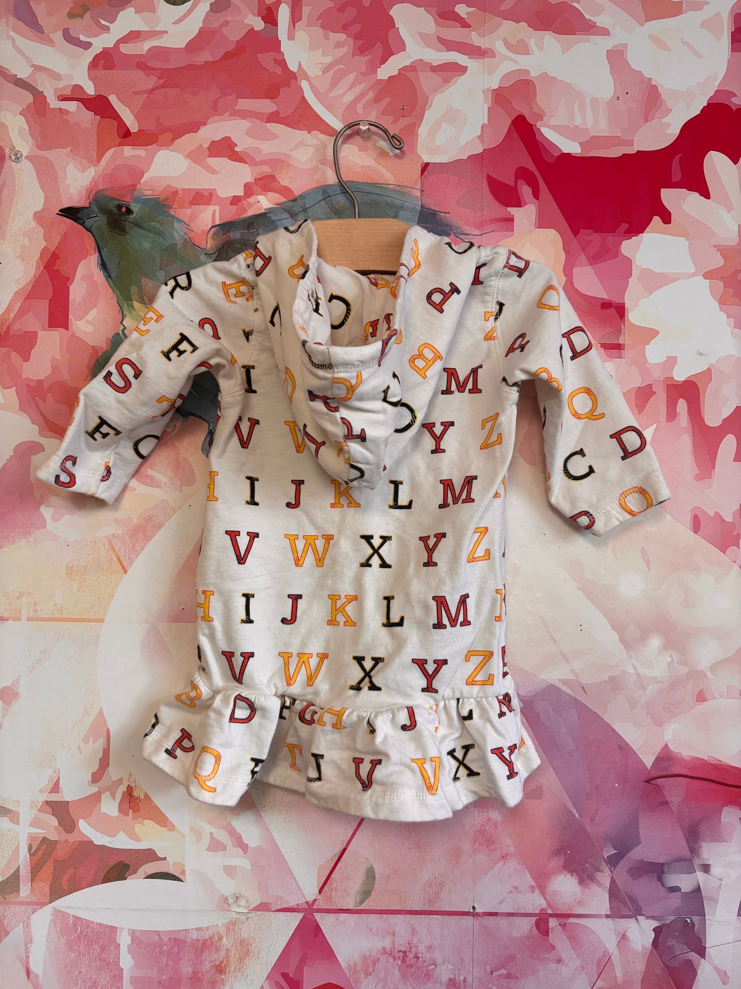 Monica &Andy cream hooded dress with alphabet. Size 18-24m