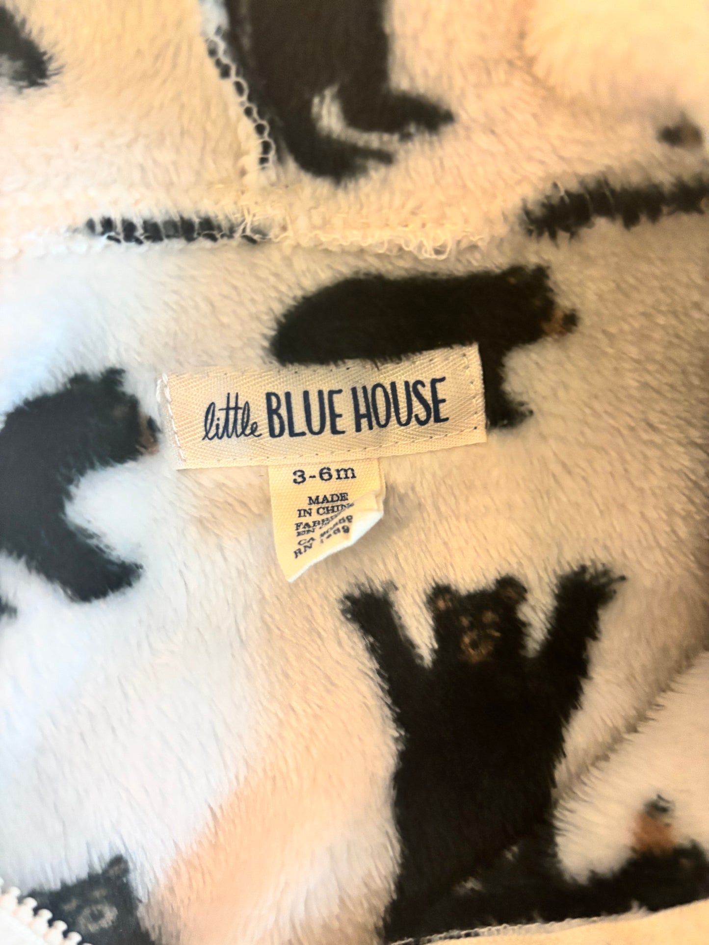 Little Blue House black & cream fleece romper with black bears & hood. Size 3-6m